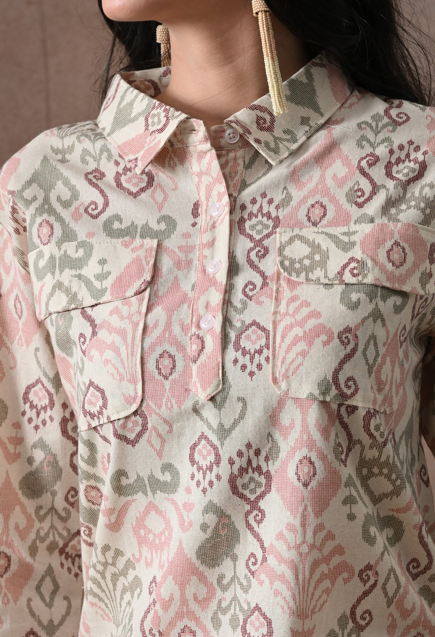Blush Pink Ikat Print Cotton Co-ord Set – Collared Tunic Top & Straight Pants