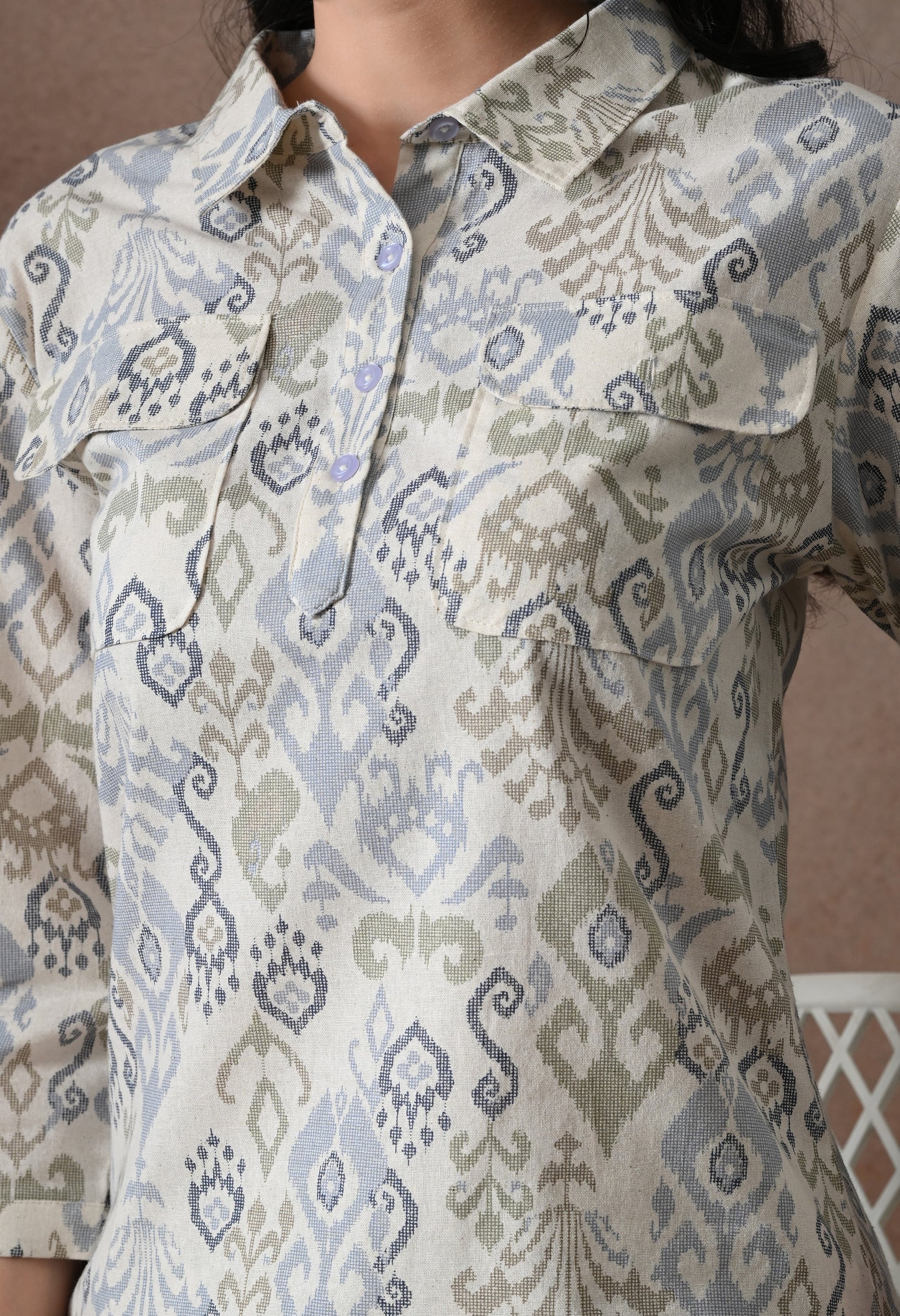 Blue Ikat Print Cotton Co-ord Set – Collared Tunic Top & Straight Pants