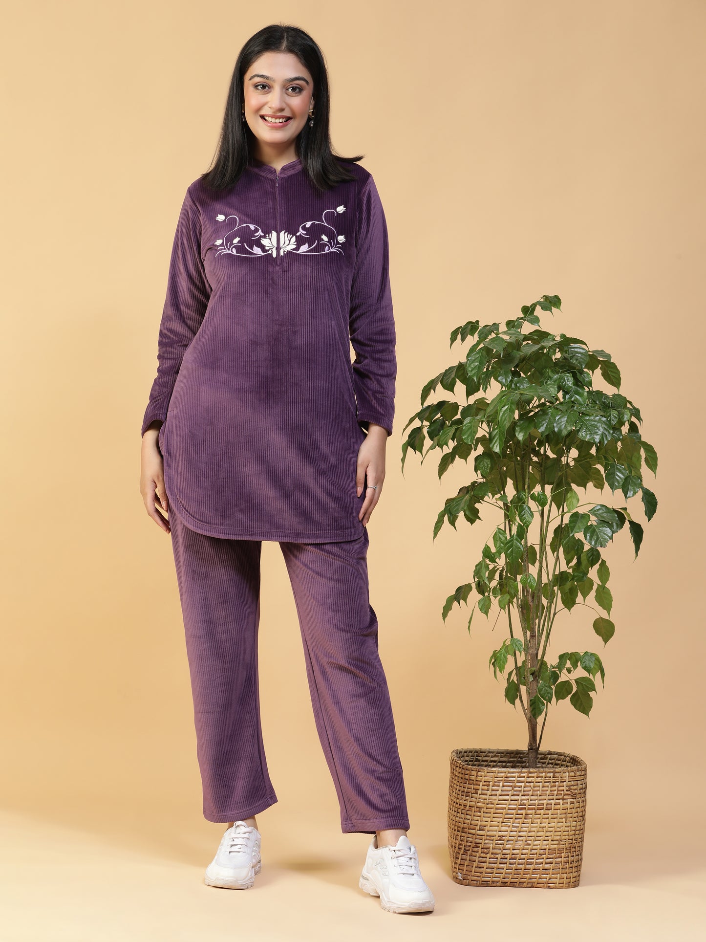 VelvetAura Purple Corduroy Embroidered Long Kurti