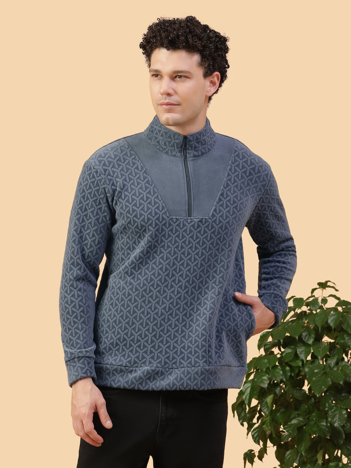 Men’s Blue Textured Shacket High-Neck Pullover