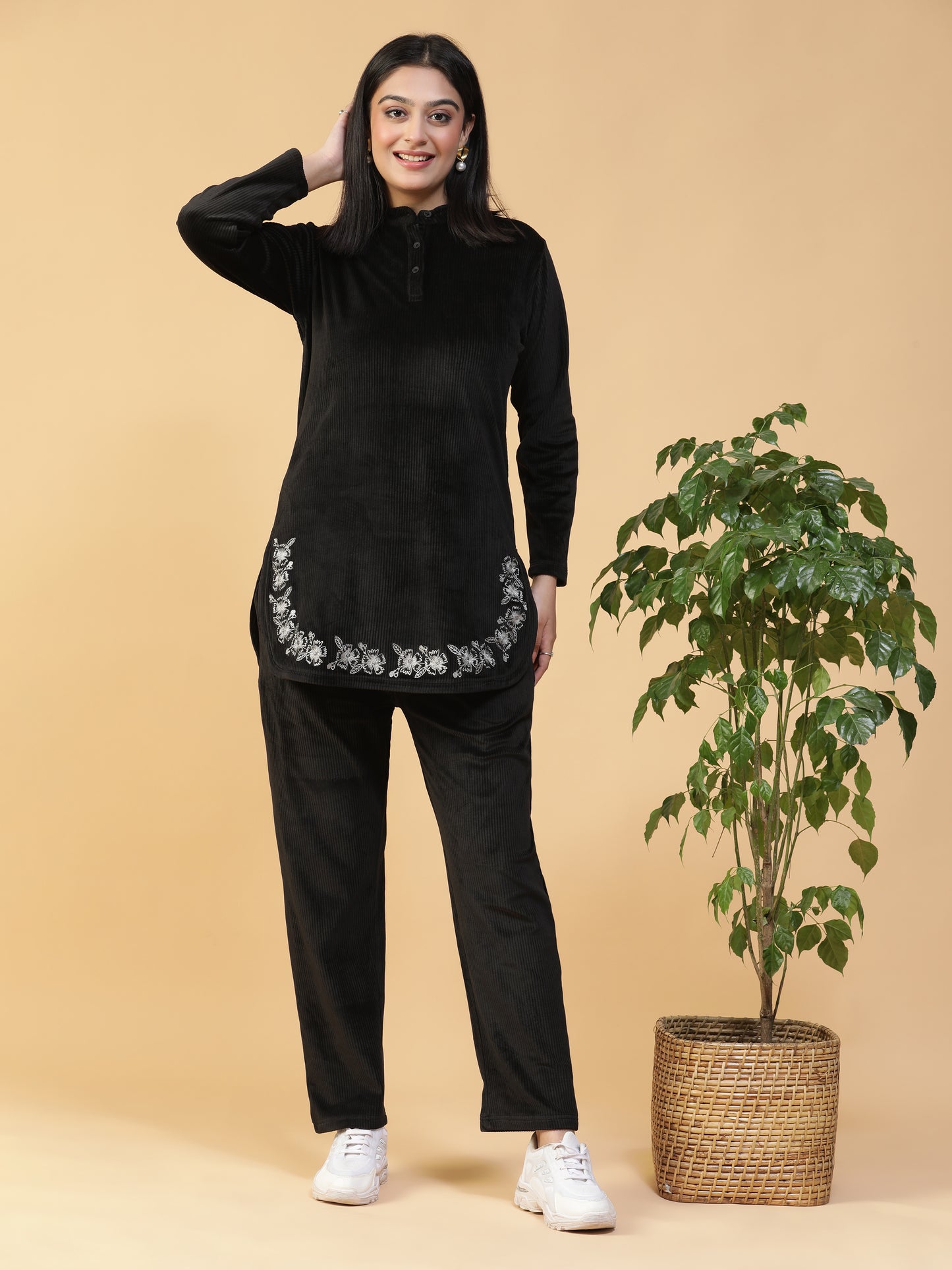 VelvetTouch Black Corduroy Embroidered Long Kurti