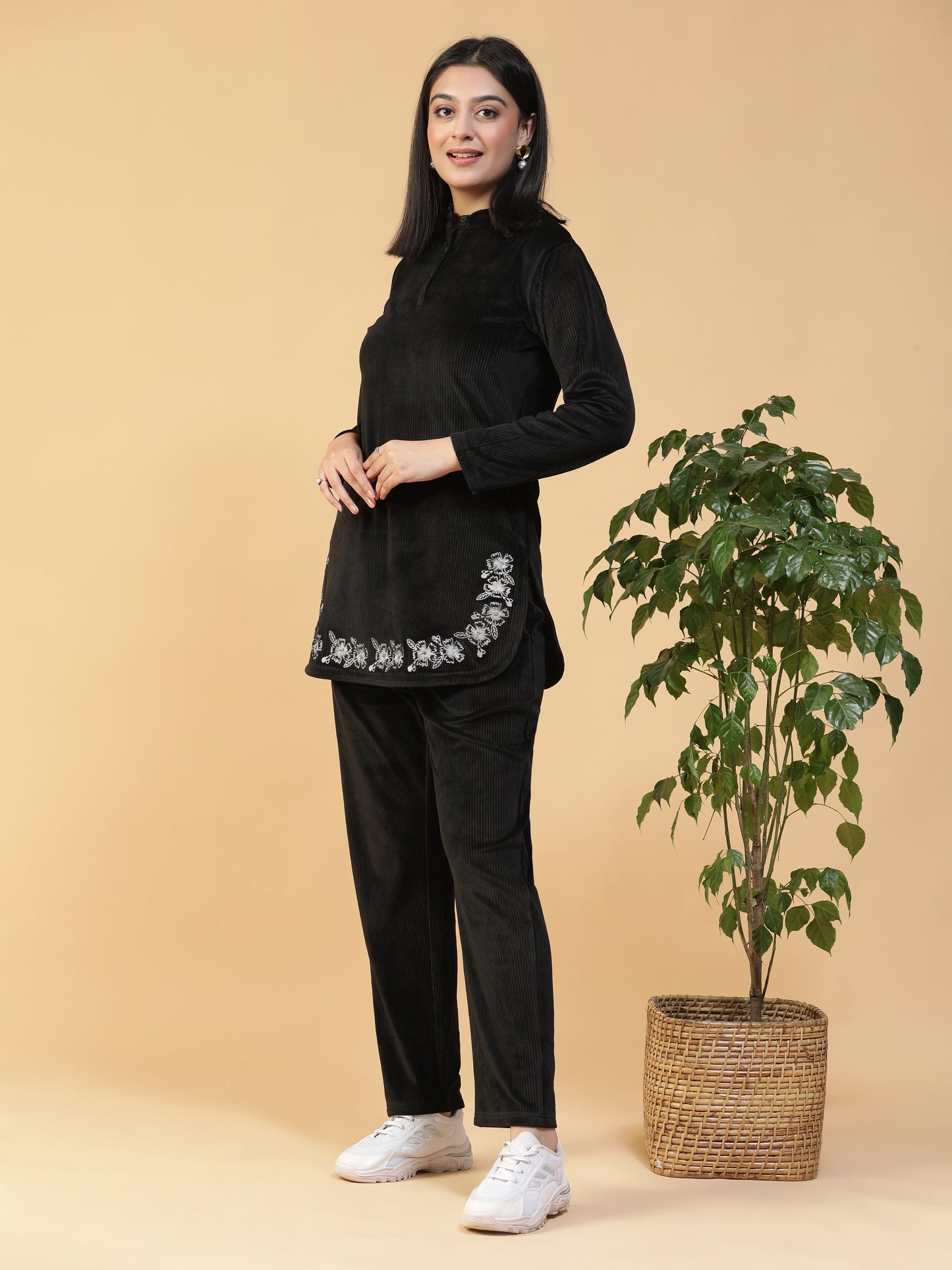 VelvetTouch Black Corduroy Embroidered Long Kurti