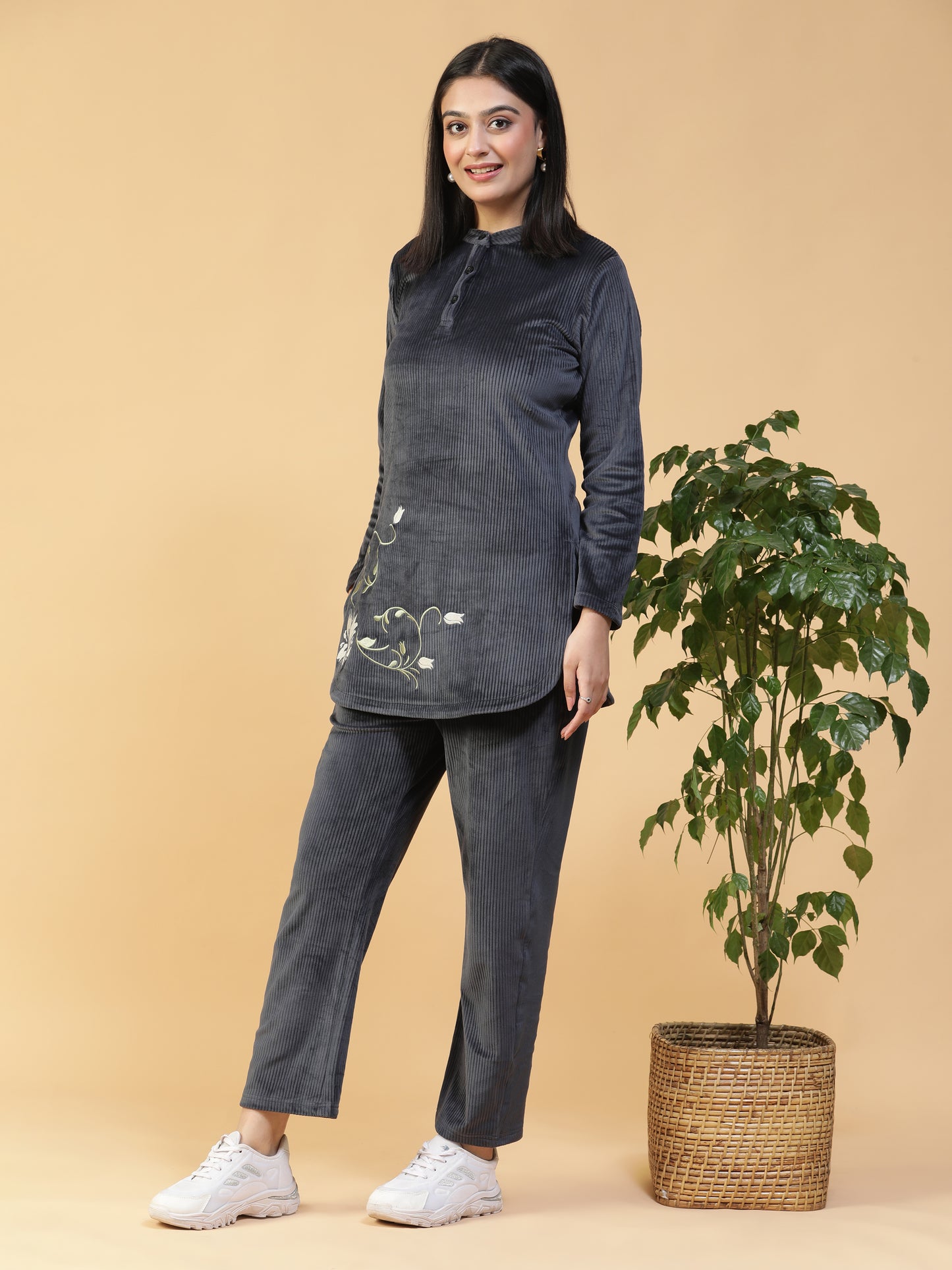 Charcoal Grey Embroidered Corduroy Long Kurti