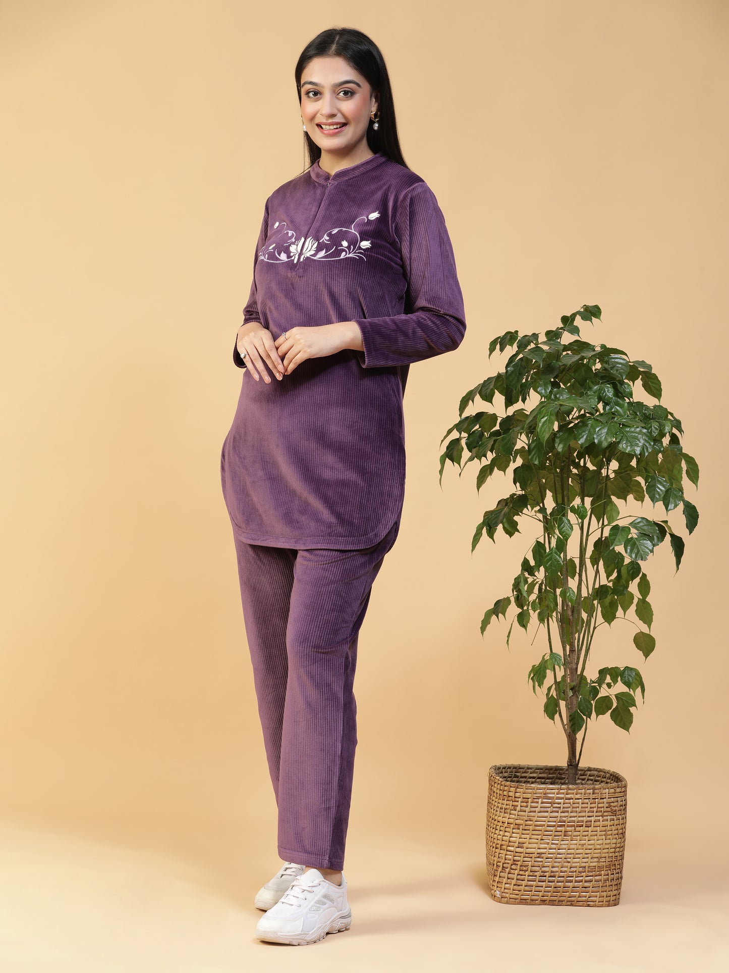 VelvetAura Purple Corduroy Embroidered Long Kurti