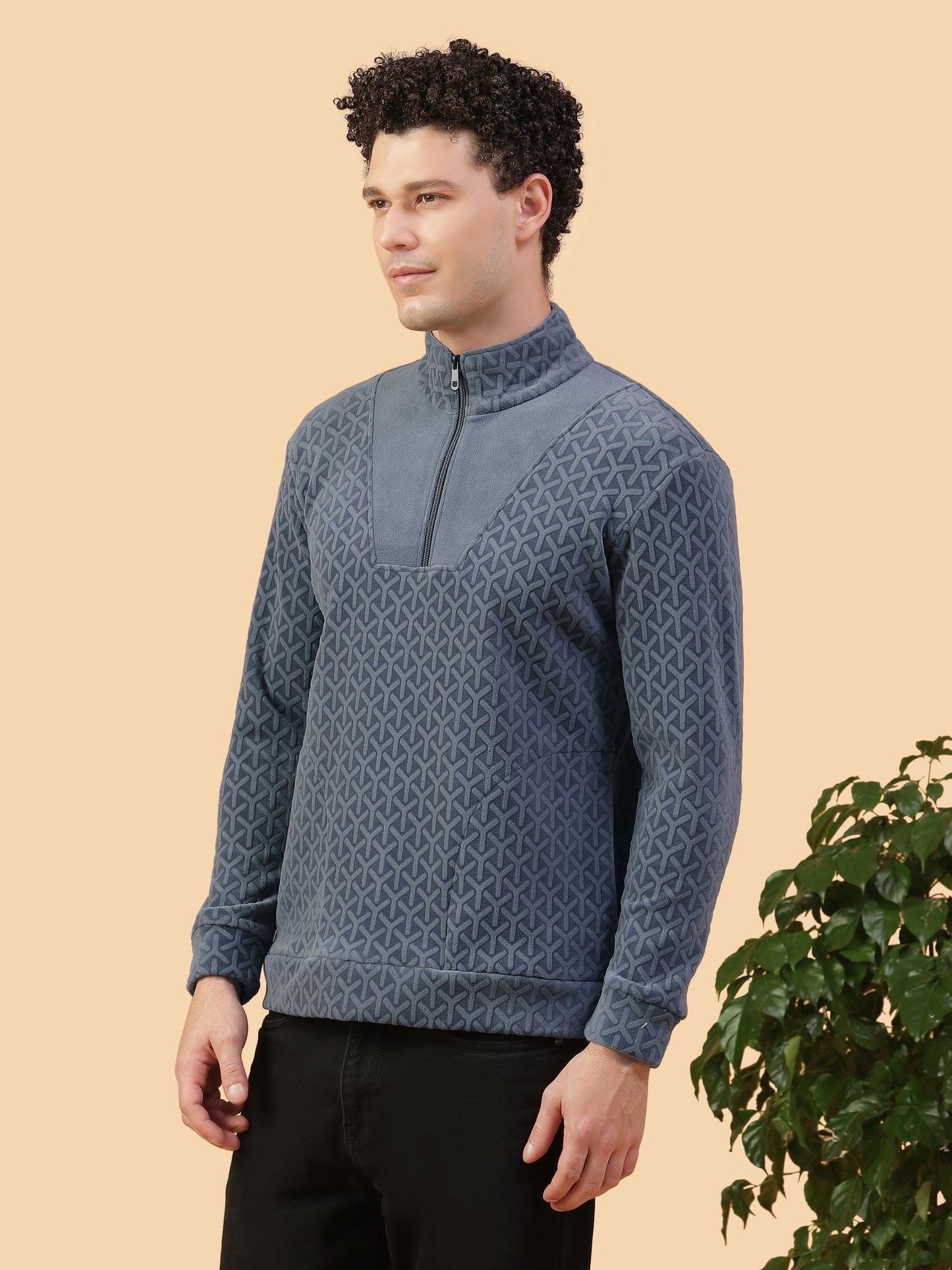 Men’s Blue Textured Shacket High-Neck Pullover