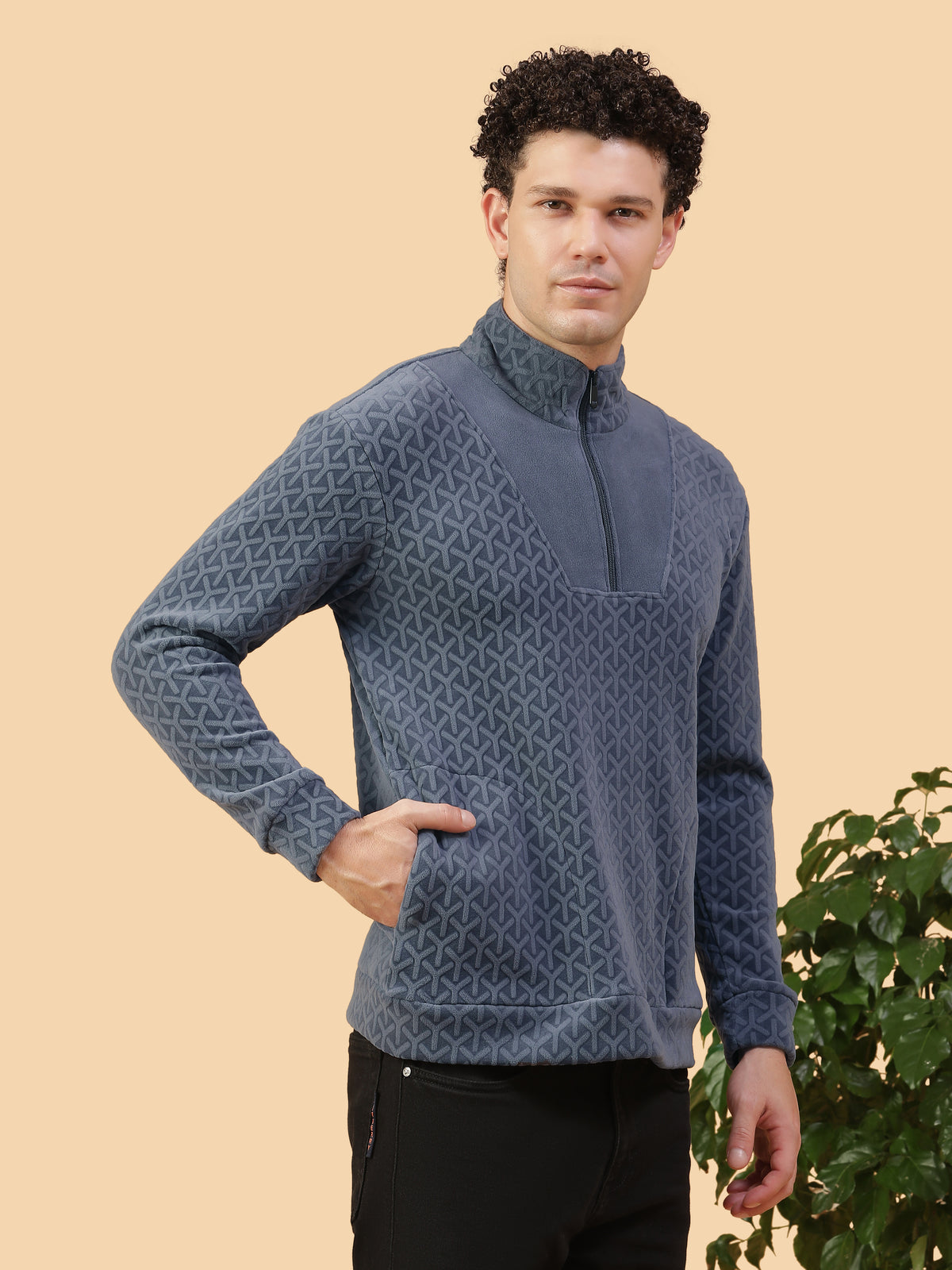 Men’s Blue Textured Shacket High-Neck Pullover