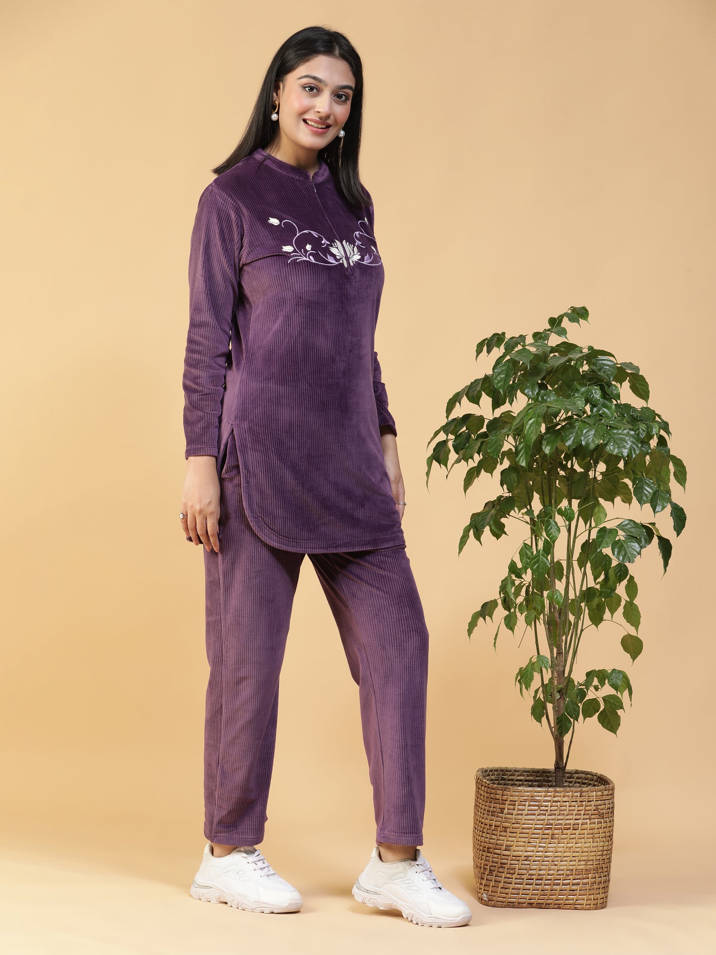 VelvetAura Purple Corduroy Embroidered Long Kurti
