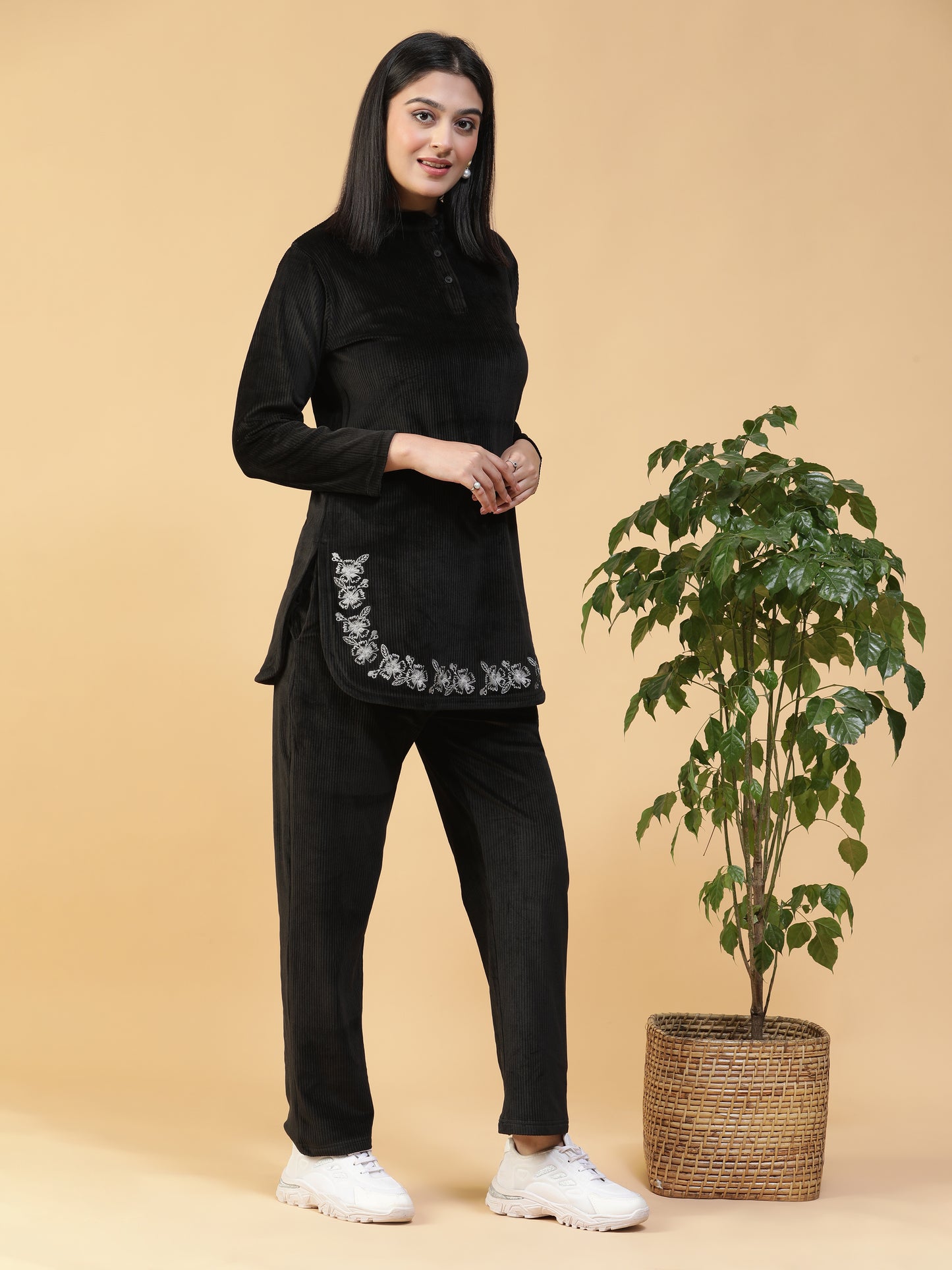 VelvetTouch Black Corduroy Embroidered Long Kurti
