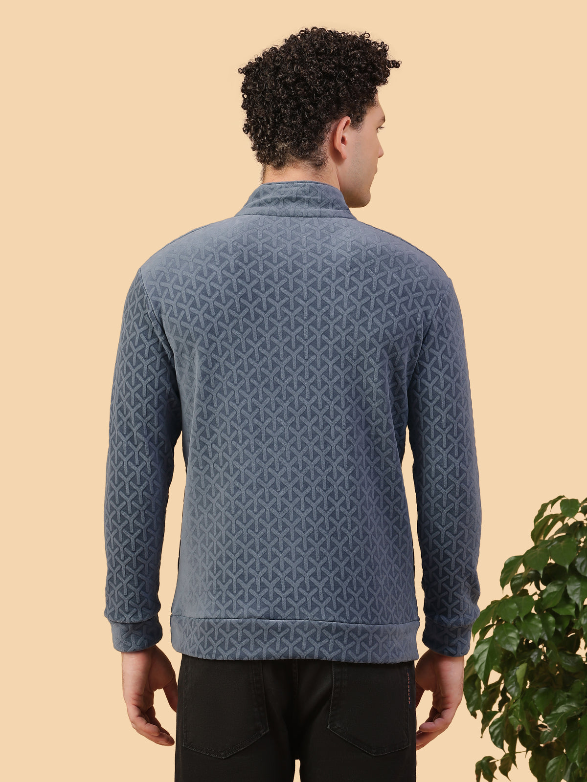 Men’s Blue Textured Shacket High-Neck Pullover