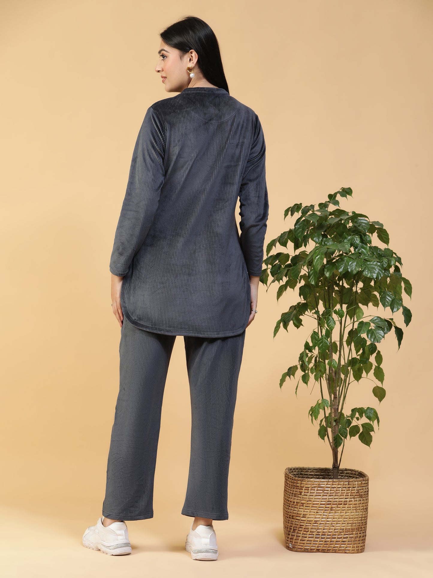 Charcoal Grey Embroidered Corduroy Long Kurti