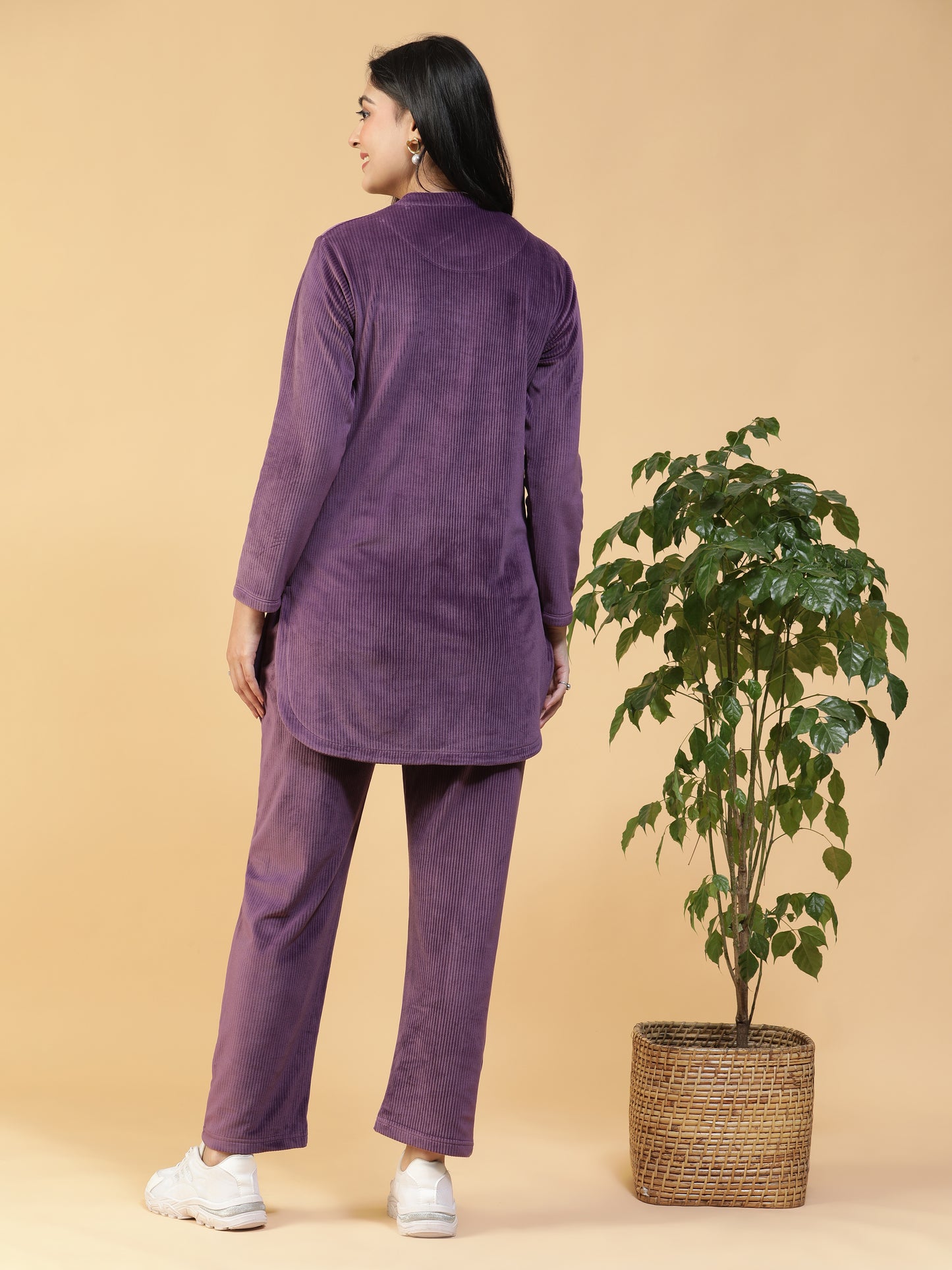 VelvetAura Purple Corduroy Embroidered Long Kurti