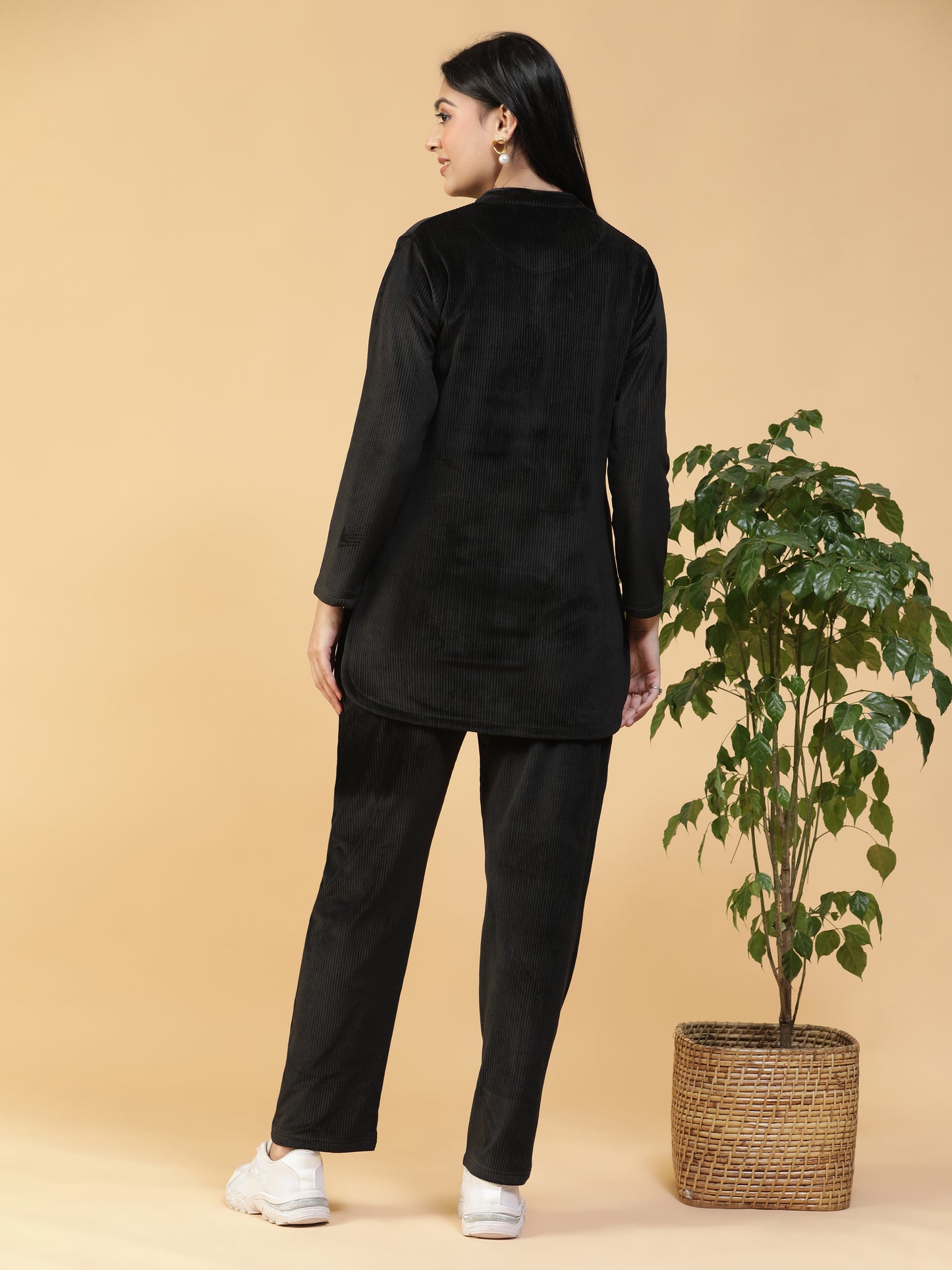 VelvetTouch Black Corduroy Embroidered Long Kurti