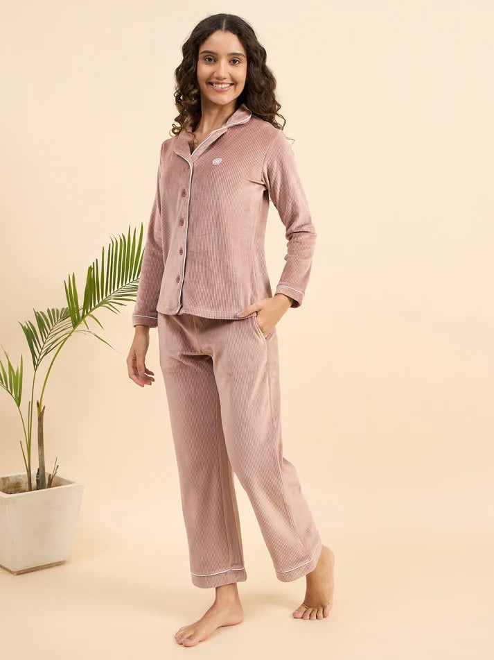 Dusty Pink Ribbed Velour Front-Open Shirt & Pants Set - KIZA