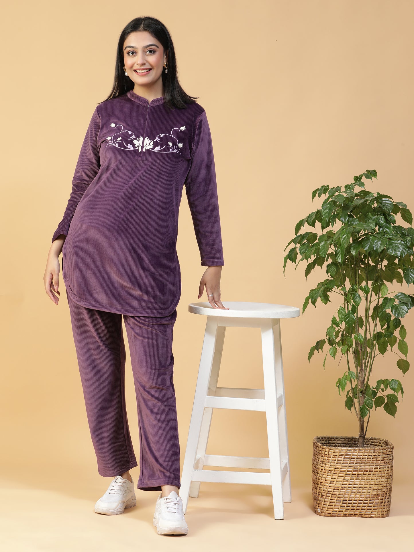 VelvetAura Purple Corduroy Embroidered Long Kurti