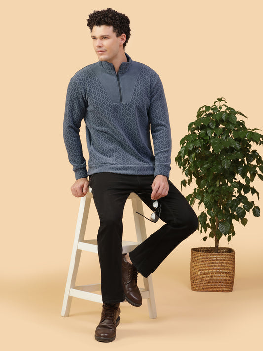 Men’s Blue Textured Shacket High-Neck Pullover