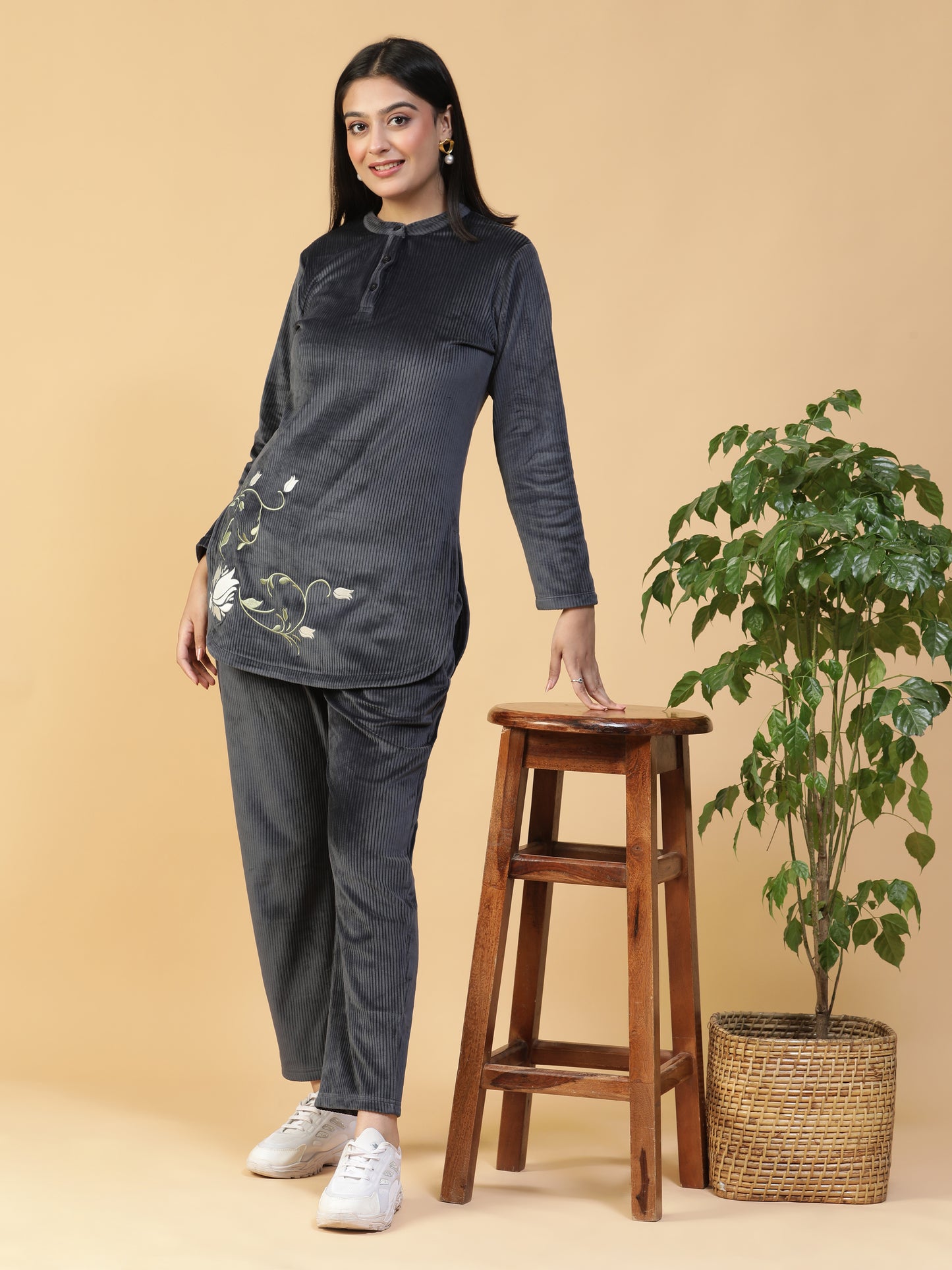 Charcoal Grey Embroidered Corduroy Long Kurti