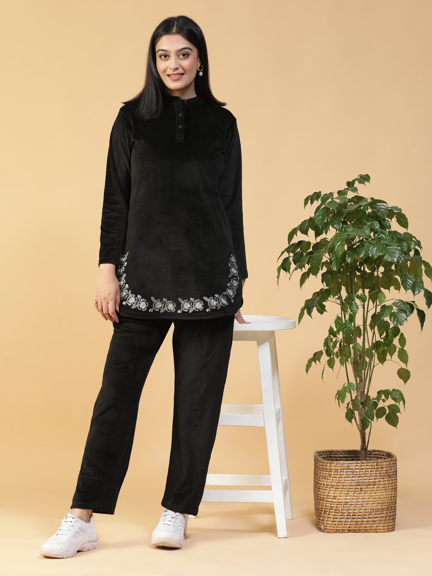 VelvetTouch Black Corduroy Embroidered Long Kurti