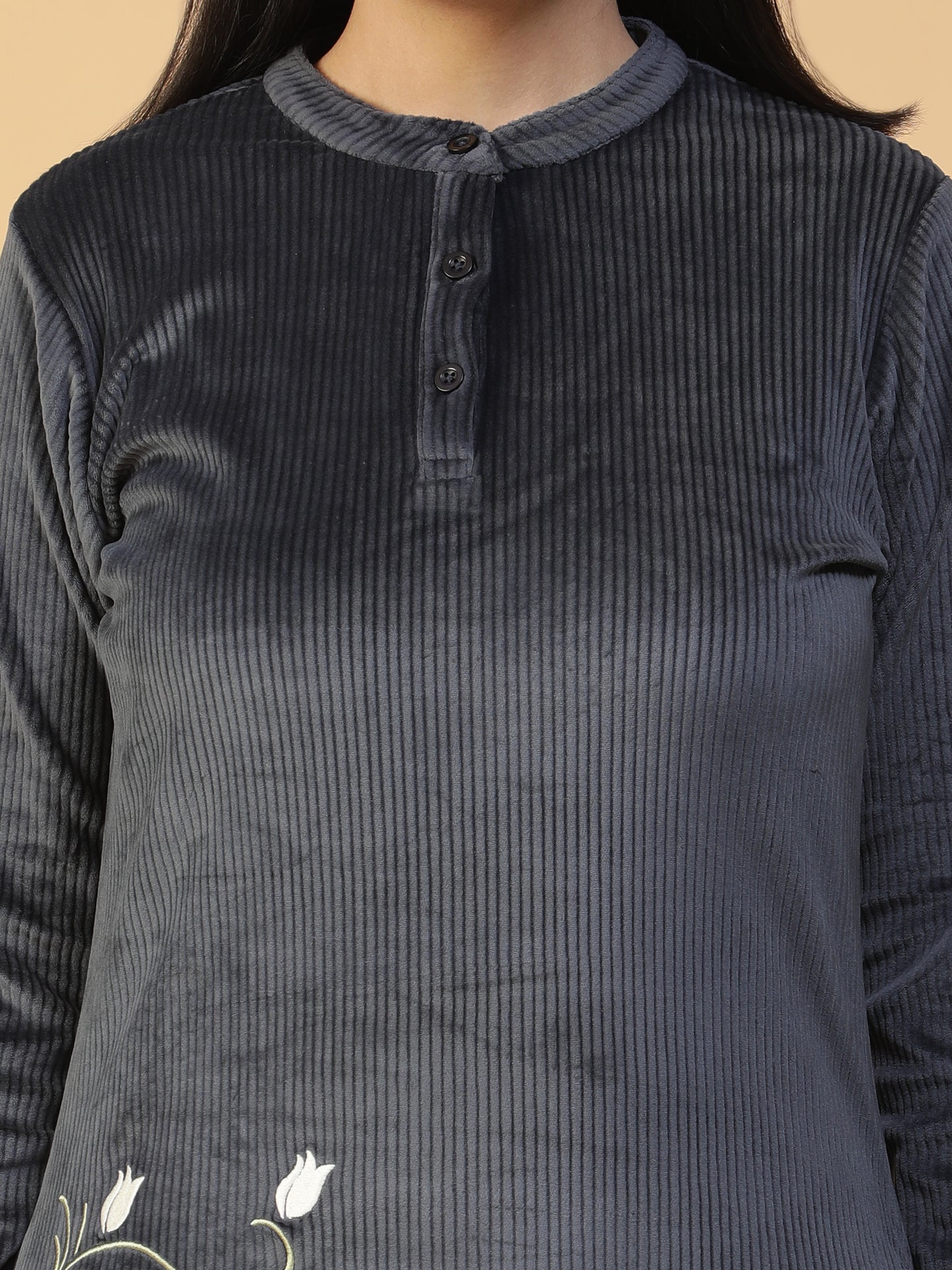 Charcoal Grey Embroidered Corduroy Long Kurti