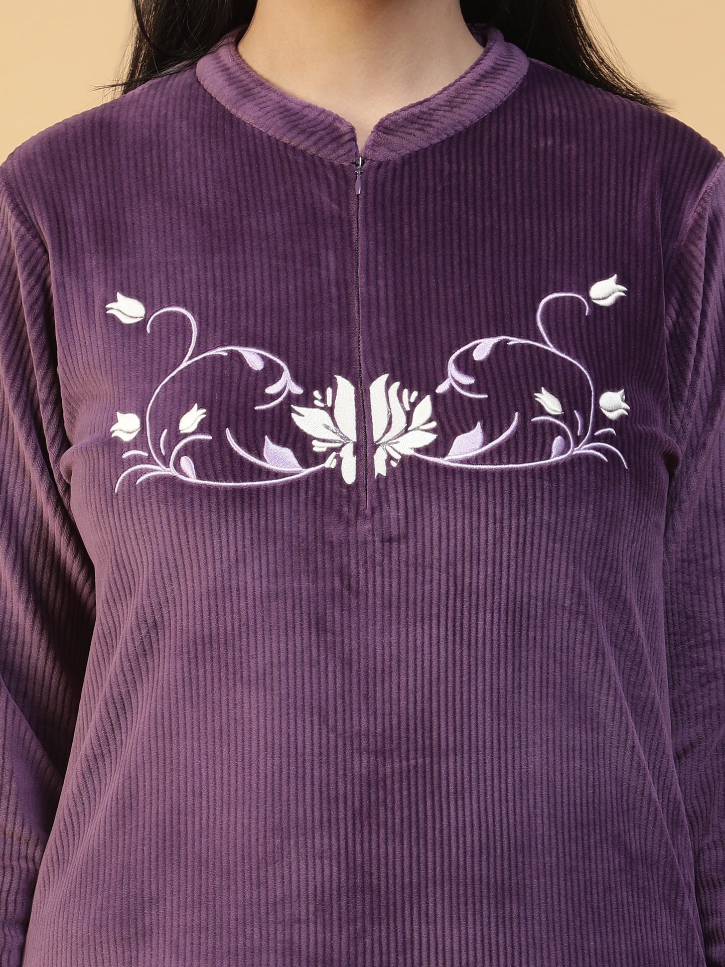 VelvetAura Purple Corduroy Embroidered Long Kurti
