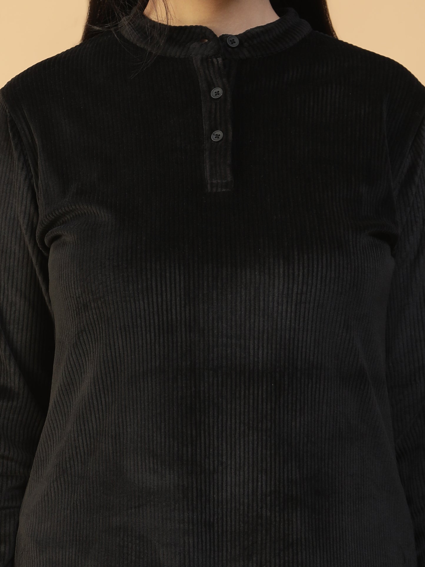 VelvetTouch Black Corduroy Embroidered Long Kurti