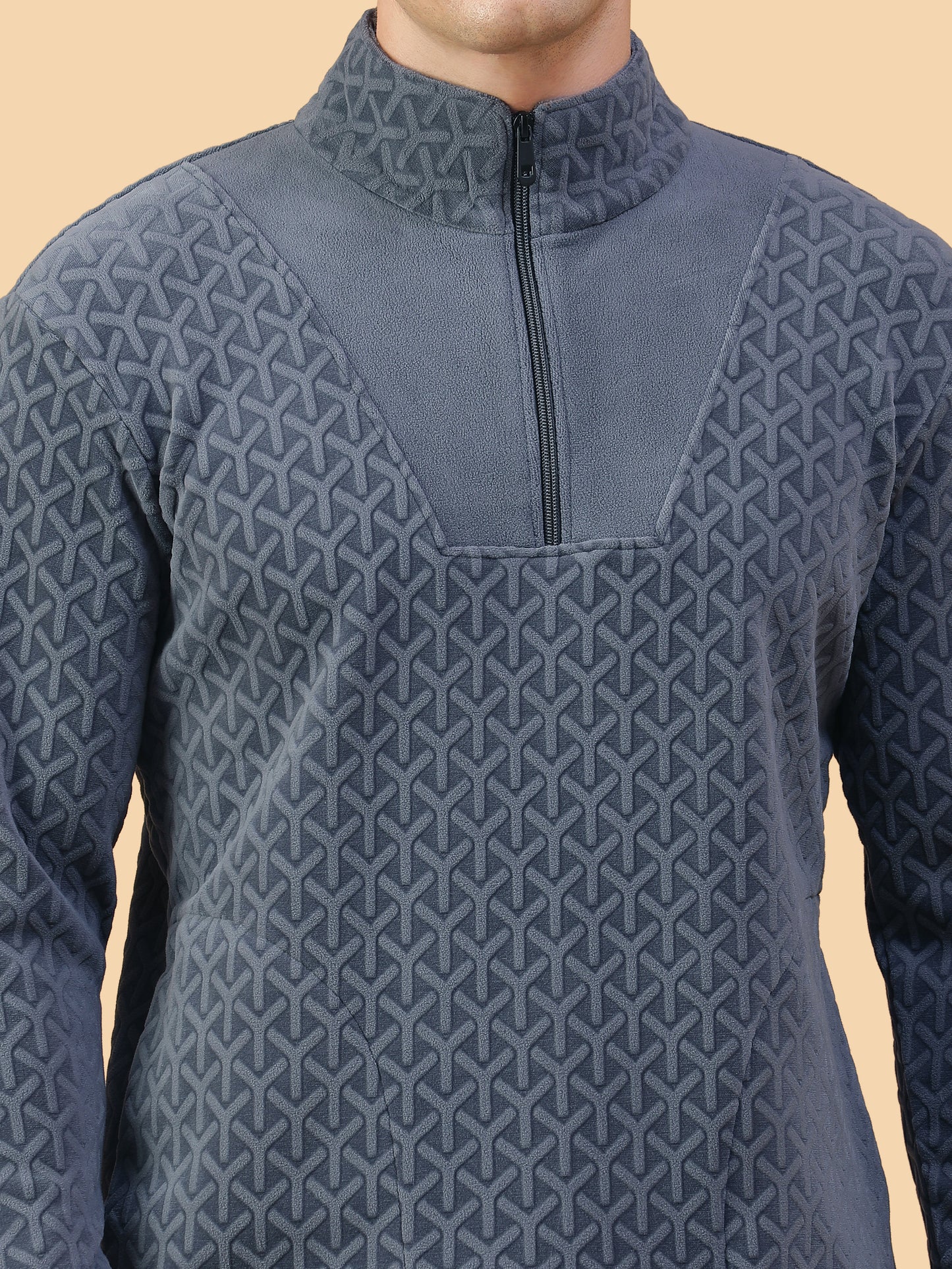 Men’s Blue Textured Shacket High-Neck Pullover