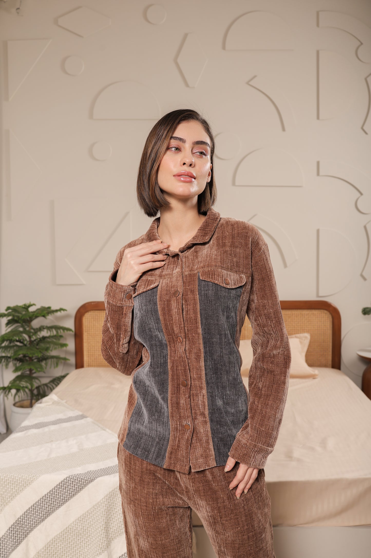 Kiza Women’s Dual-Tone Chanel Corduroy Co-ord Set Brown Color