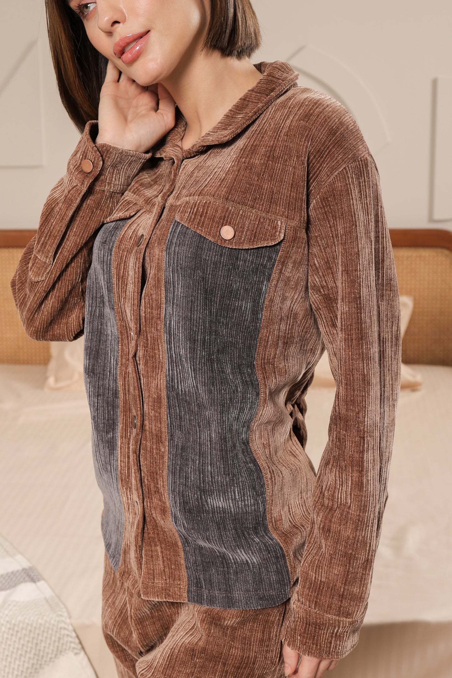 Kiza Women’s Dual-Tone Chanel Corduroy Co-ord Set Brown Color