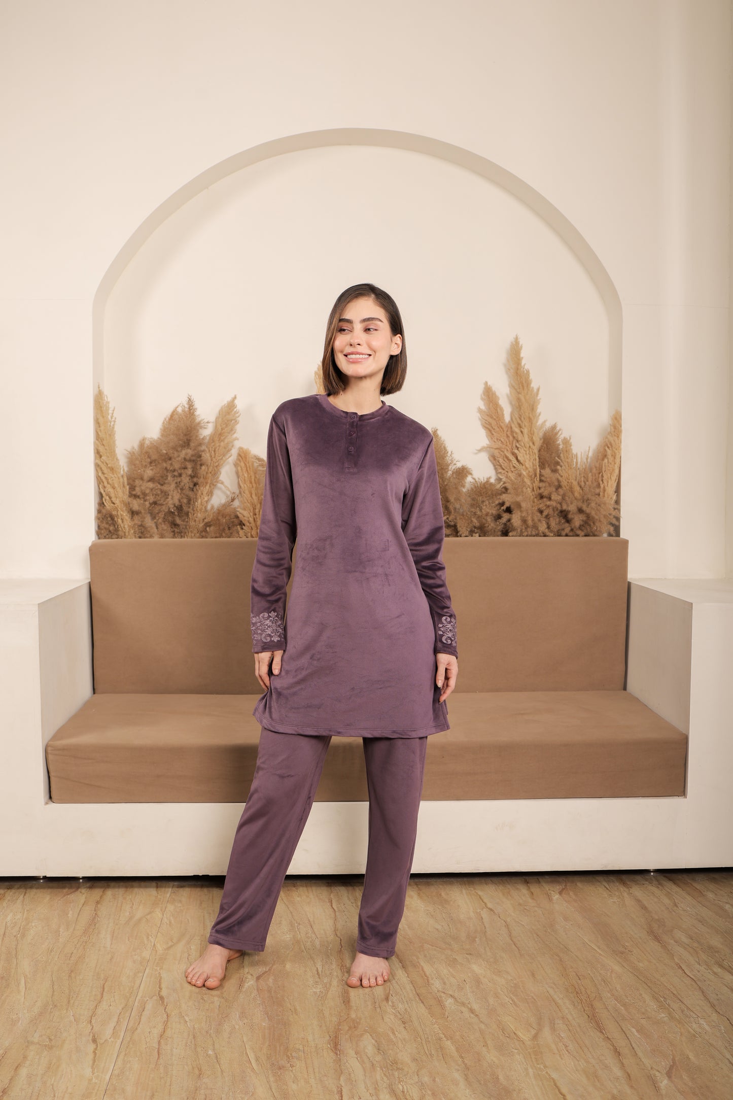 Kiza Women’s Henley Neck Embroidered Night Suit