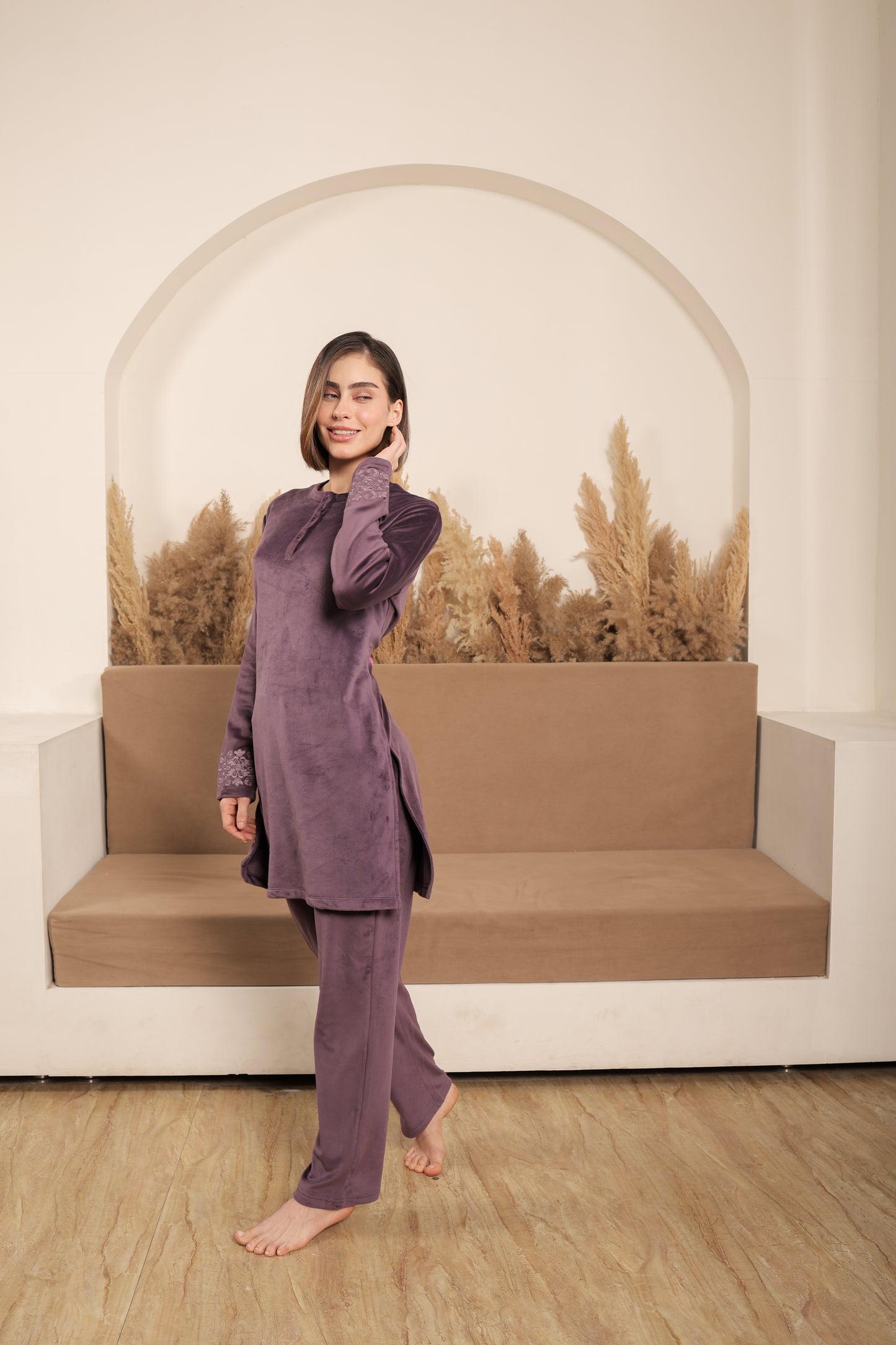 Kiza Women’s Henley Neck Embroidered Night Suit