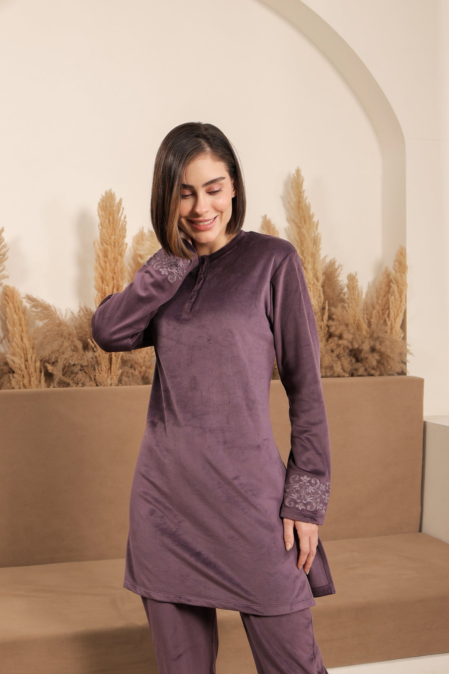 Kiza Women’s Henley Neck Embroidered Night Suit