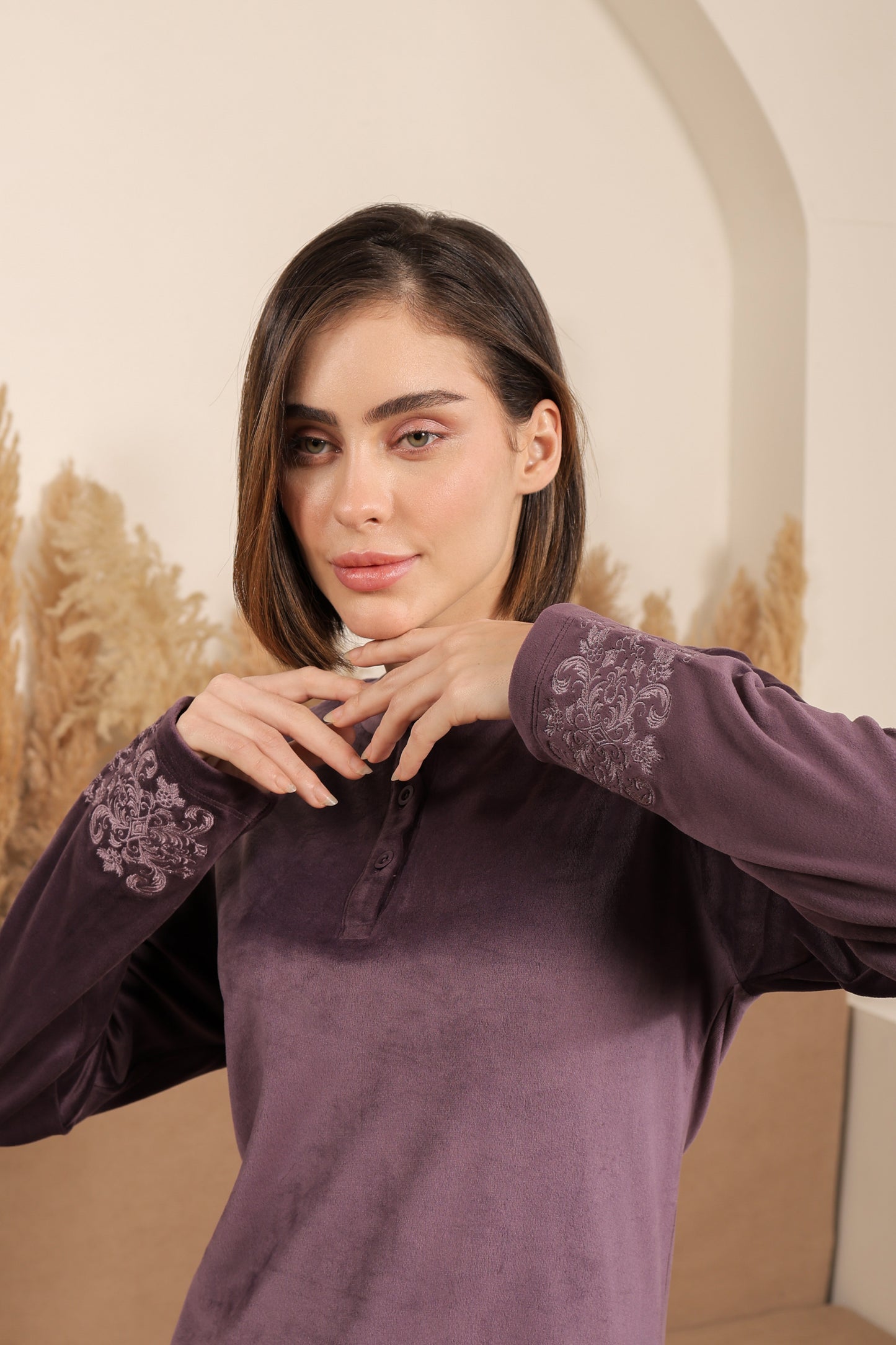 Kiza Women’s Henley Neck Embroidered Night Suit