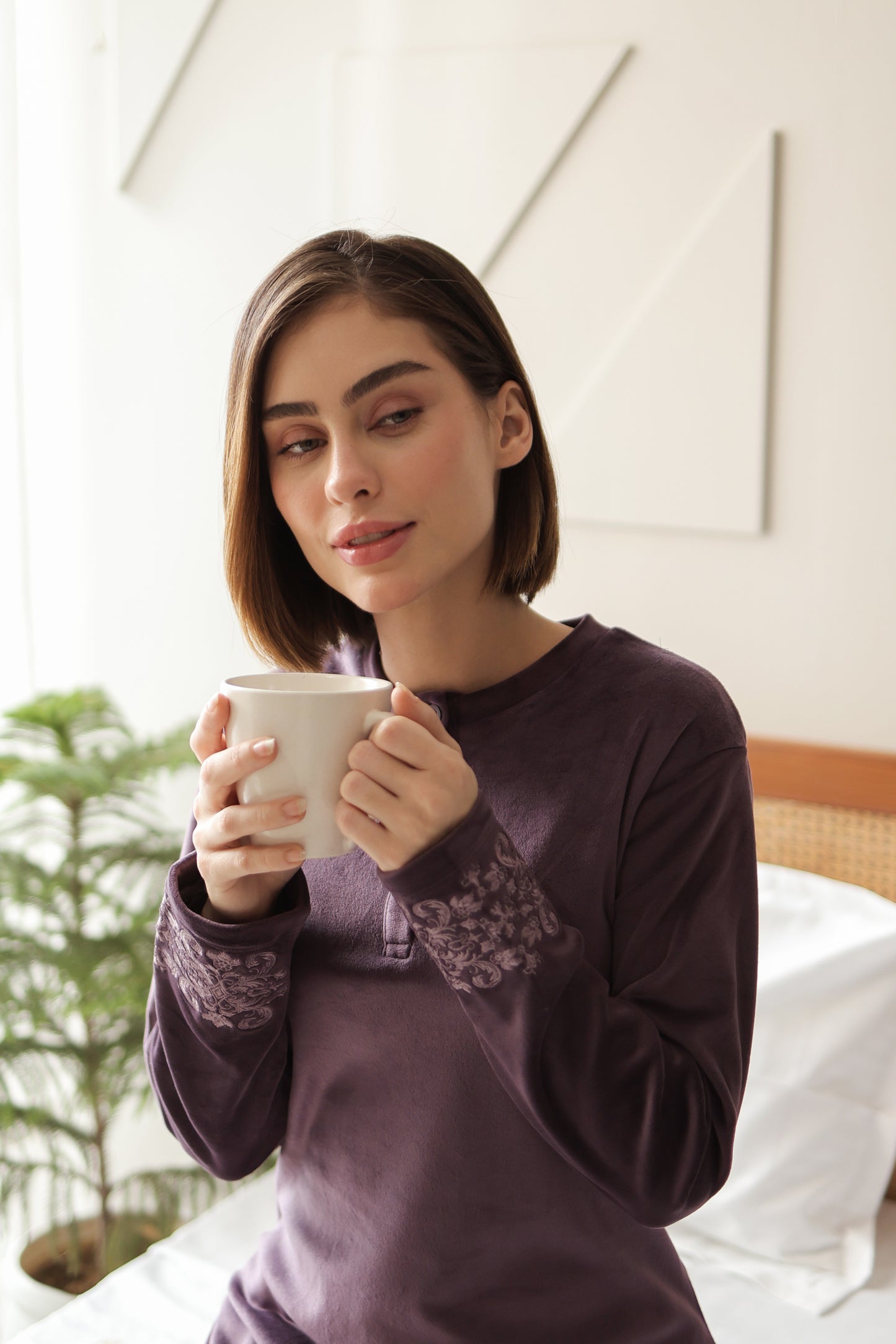 Kiza Women’s Henley Neck Embroidered Night Suit