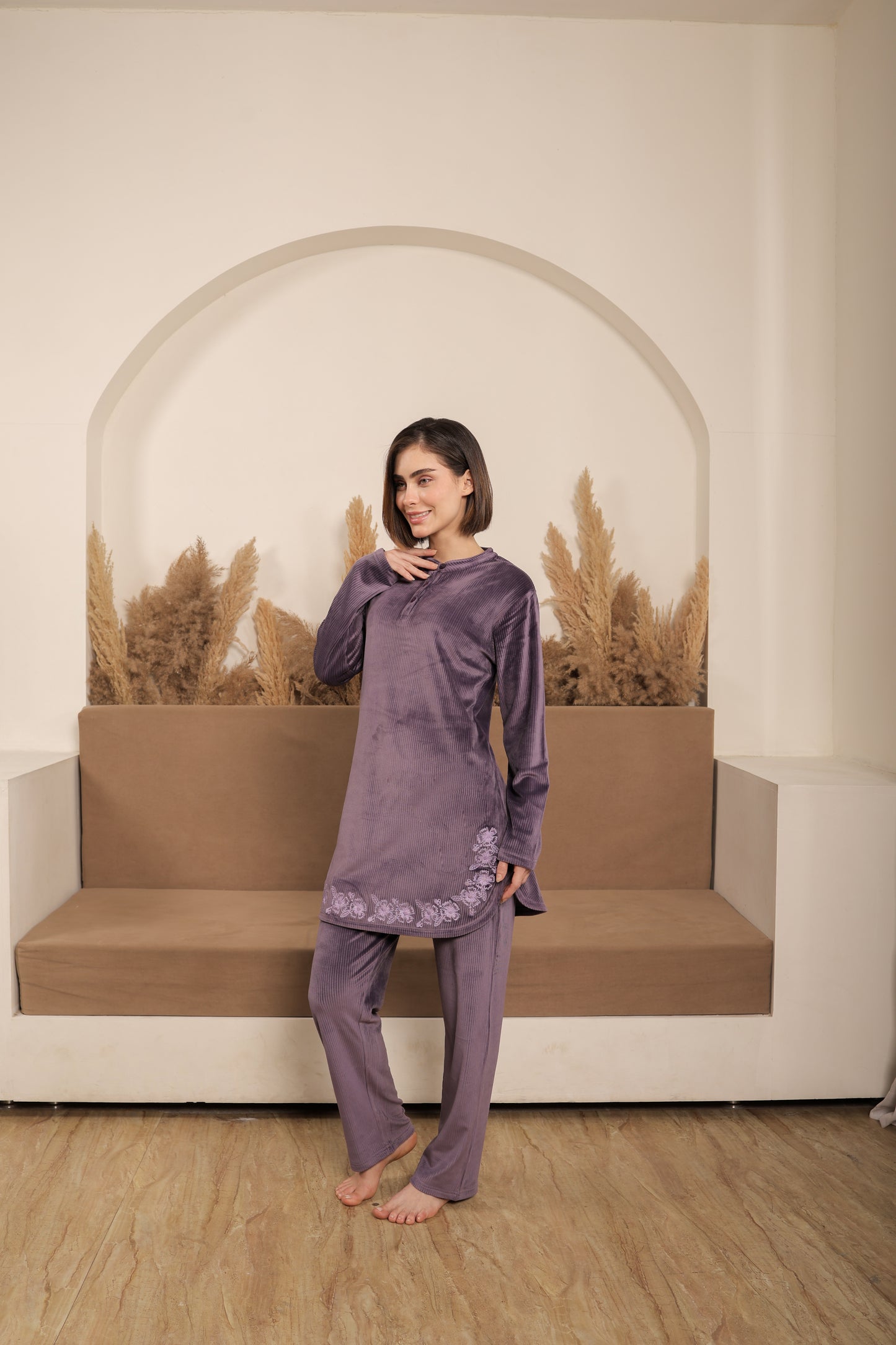 Embroidered Ethnic Kurta Set in Soft Velour