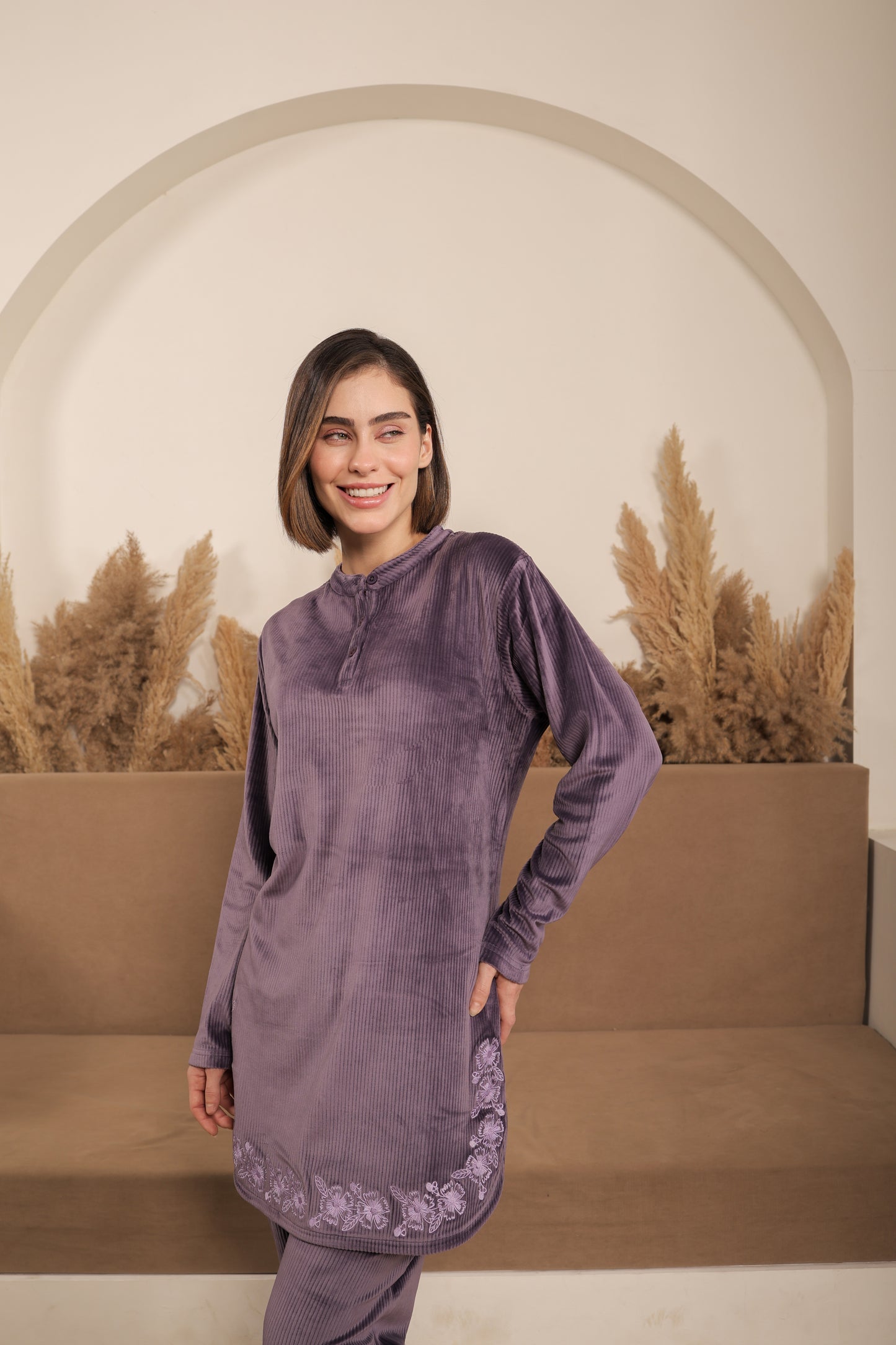 Embroidered Ethnic Kurta Set in Soft Velour