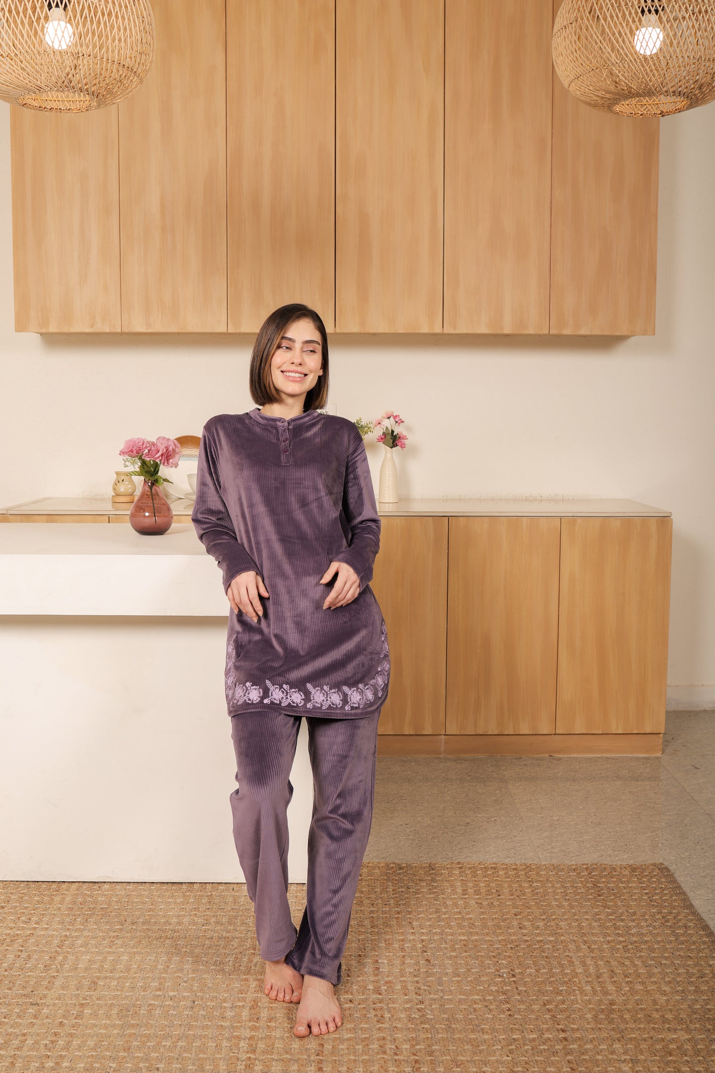 Embroidered Ethnic Kurta Set in Soft Velour