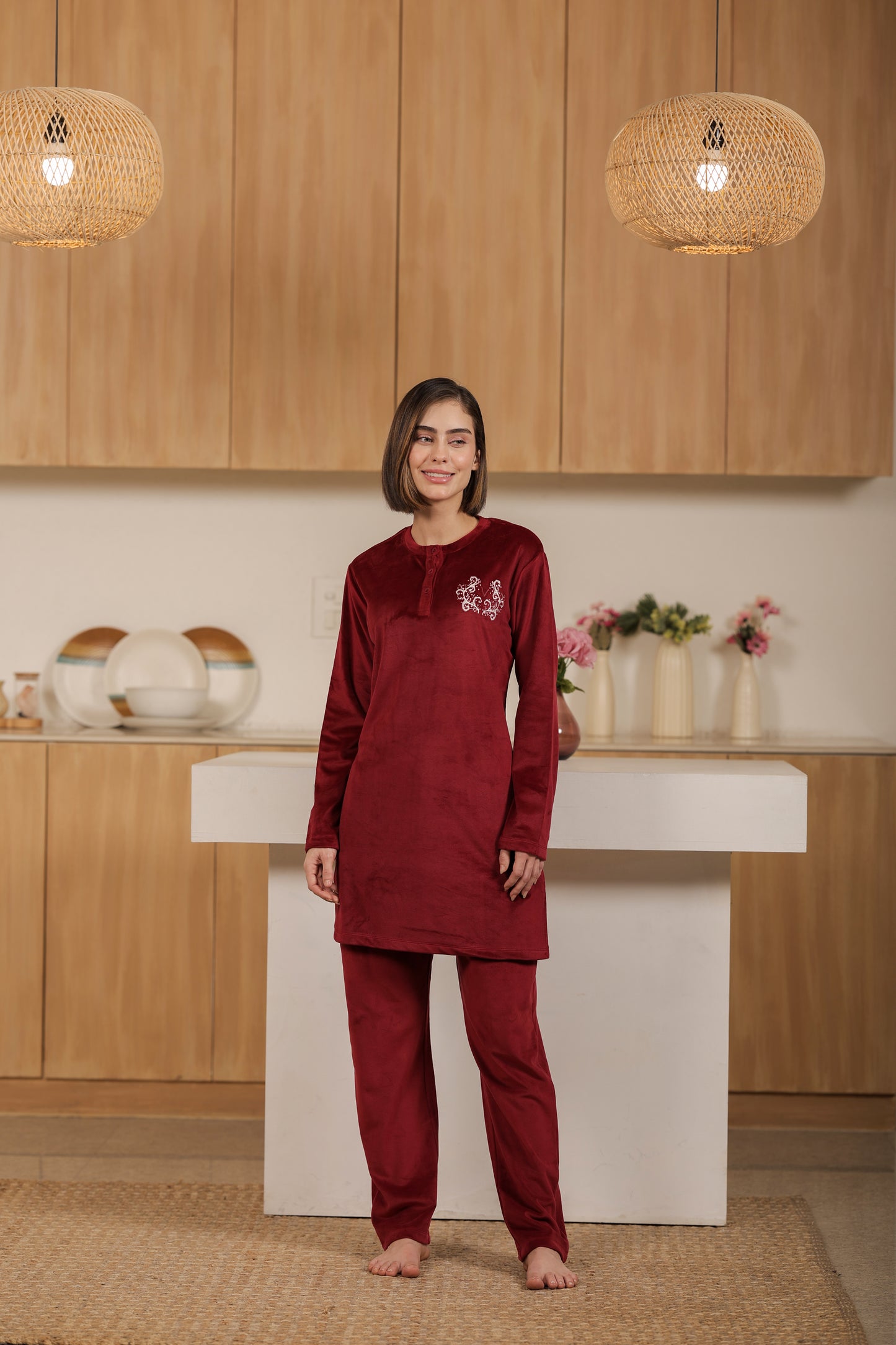 Kiza Women’s Embroidered Kurta-Style Night Suit