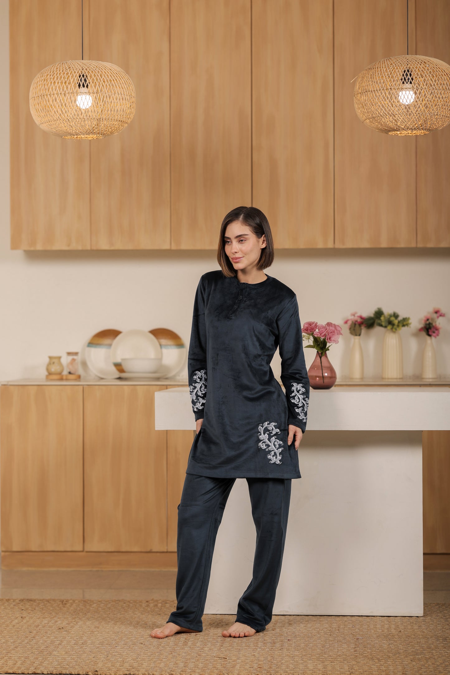 Kiza Women’s Embroidered Kurta-Style Night Suit