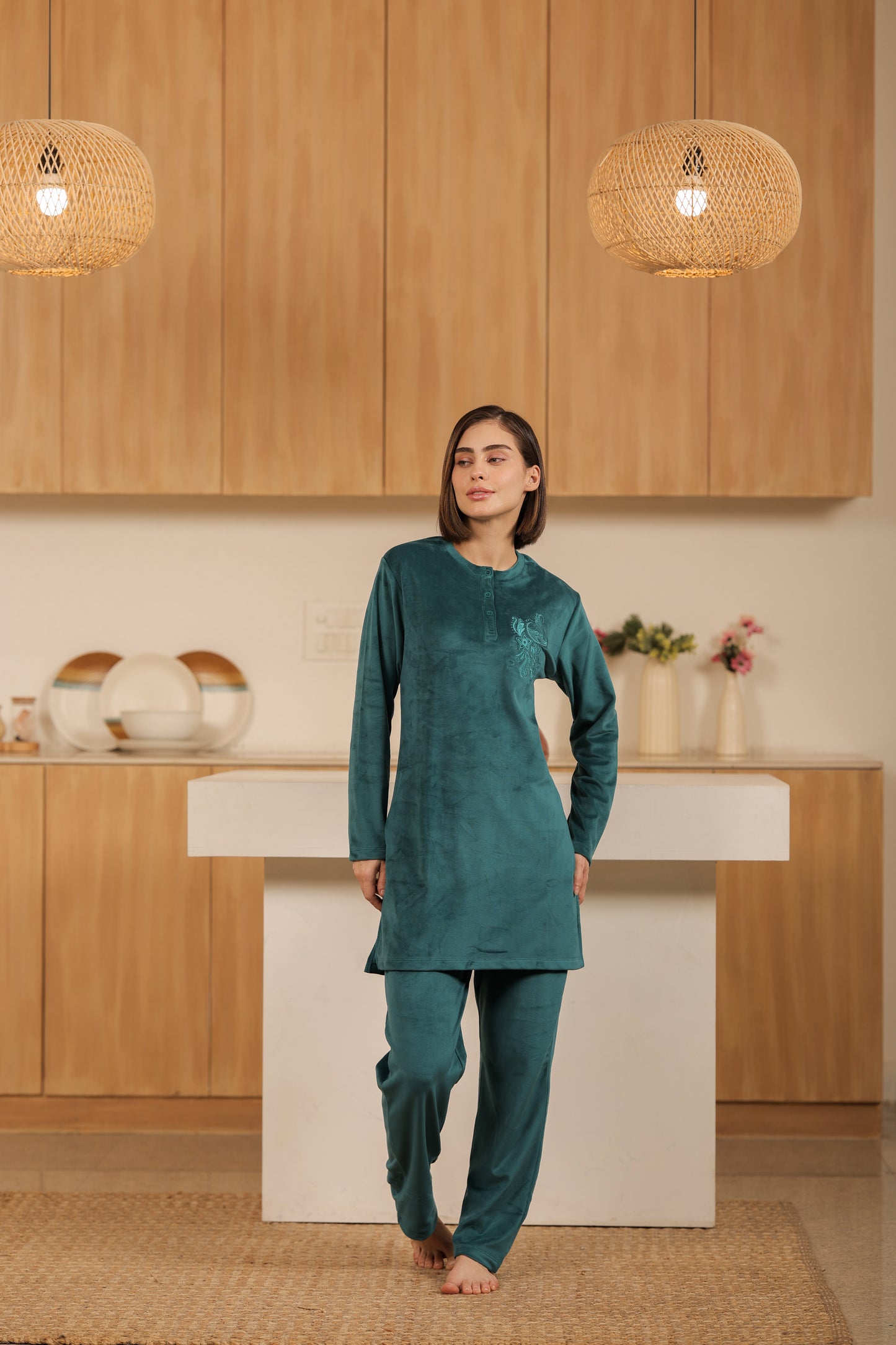 Kiza Women’s Embroidered Kurta-Style Night Suit