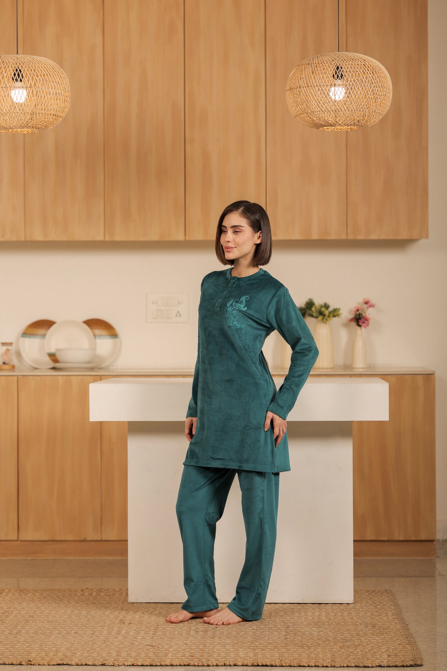 Kiza Women’s Embroidered Kurta-Style Night Suit