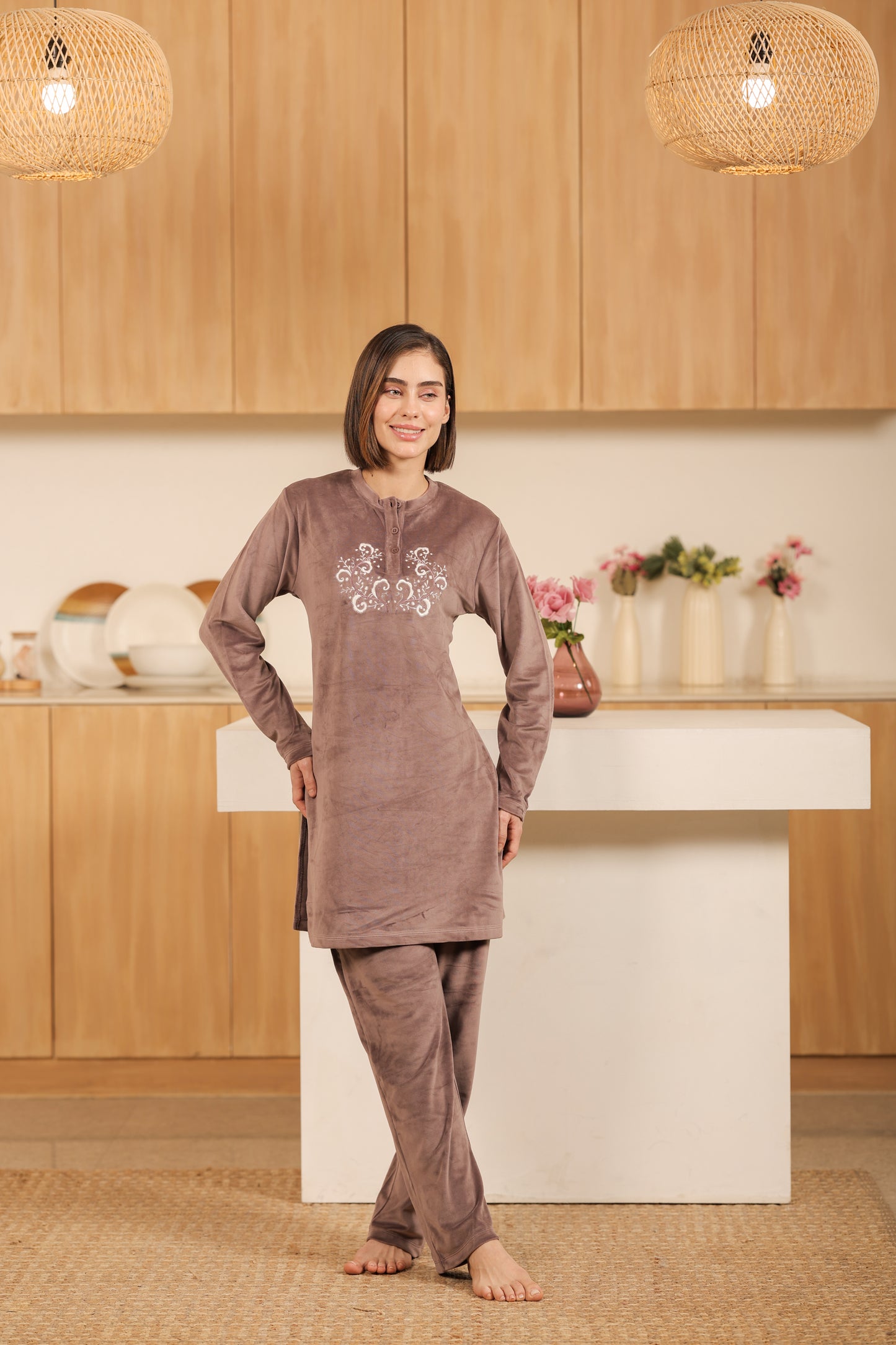 Kiza Women’s Embroidered Kurta-Style Night Suit