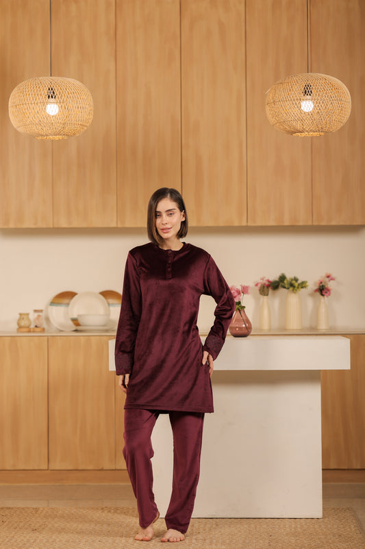 Kiza Women’s Henley Neck Embroidered Night Suit