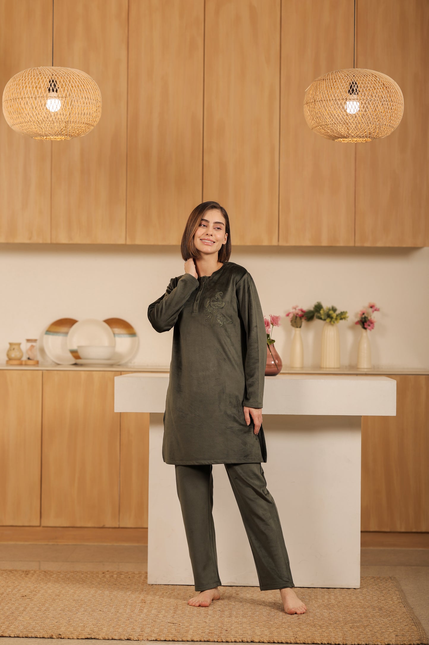 Kiza Women’s Embroidered Kurta-Style Night Suit