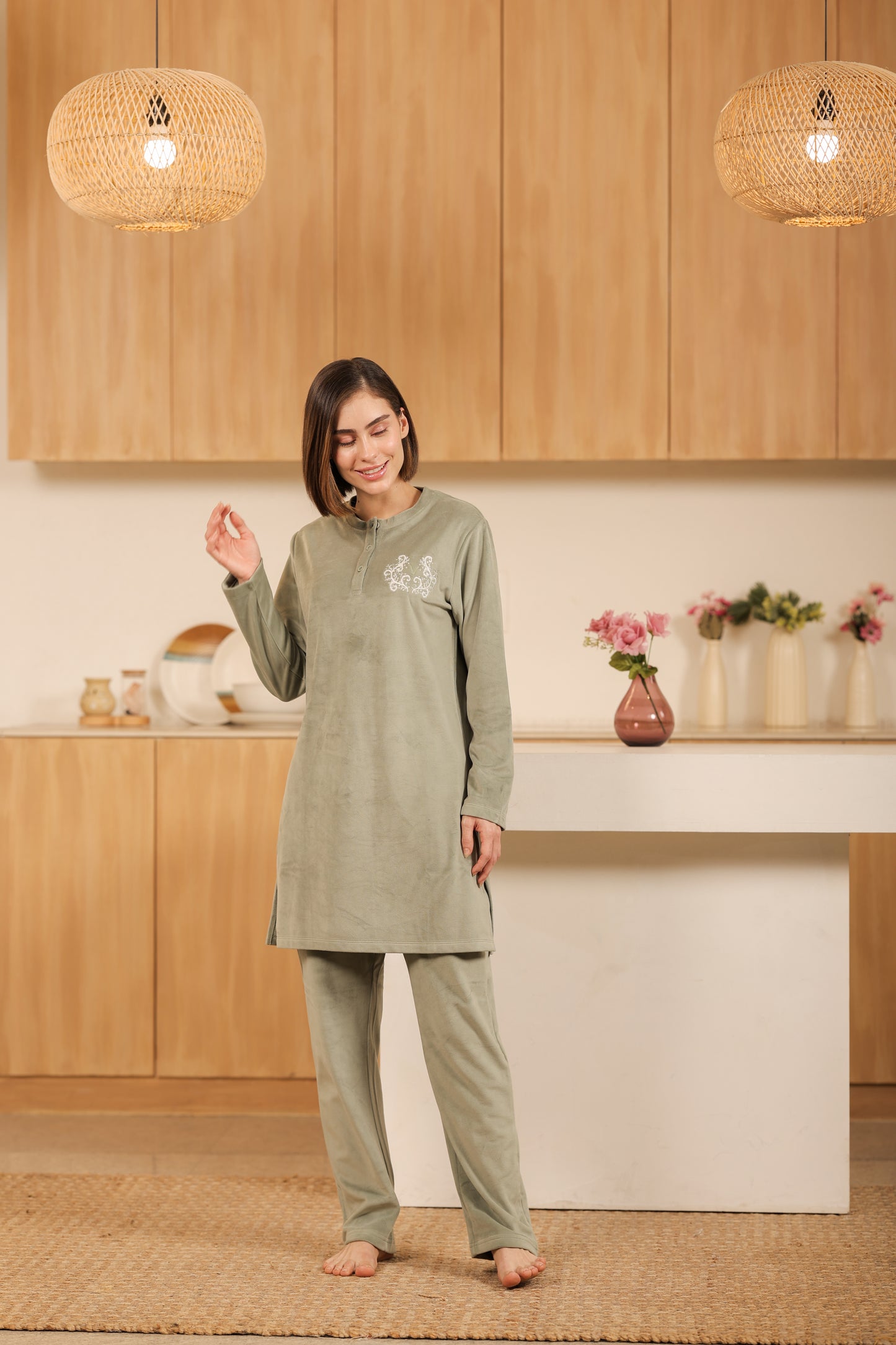 Kiza Women’s Embroidered Kurta-Style Night Suit