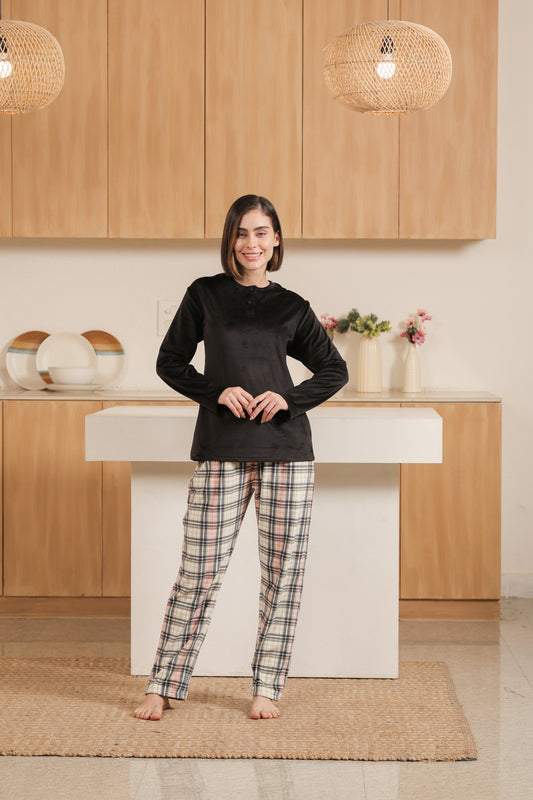 Kiza Women’s Black Velour Night Suit with Check Pajamas