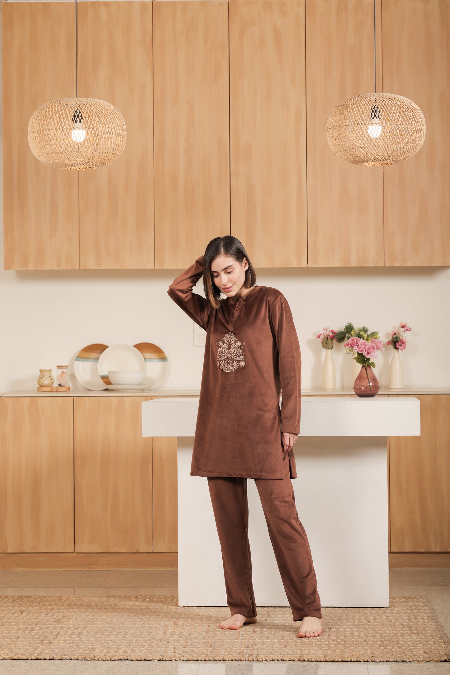 Kiza Women’s Embroidered Kurta-Style Night Suit