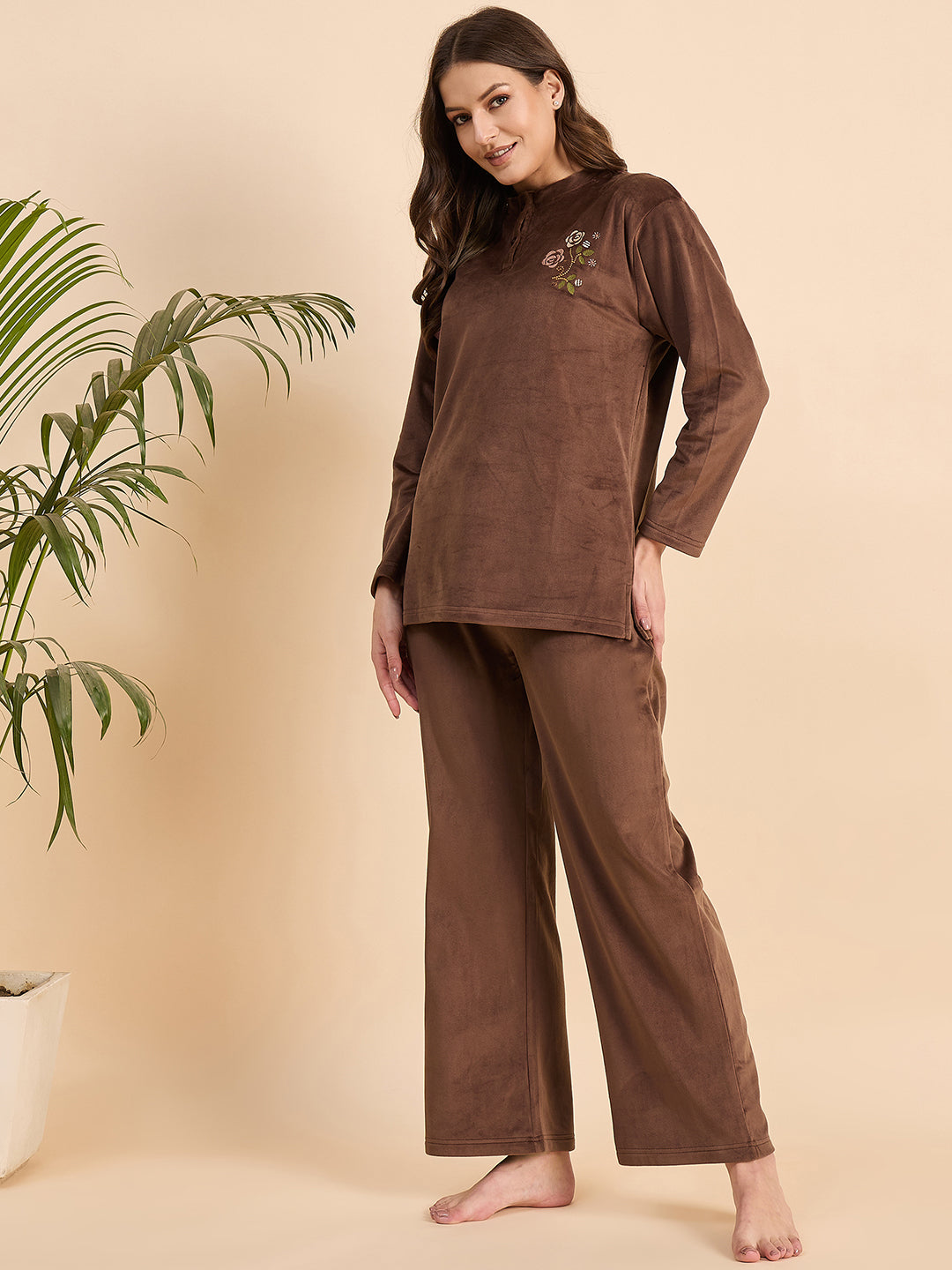 Brown Embroidered Velour Henley Top & Pants Set - KIZA