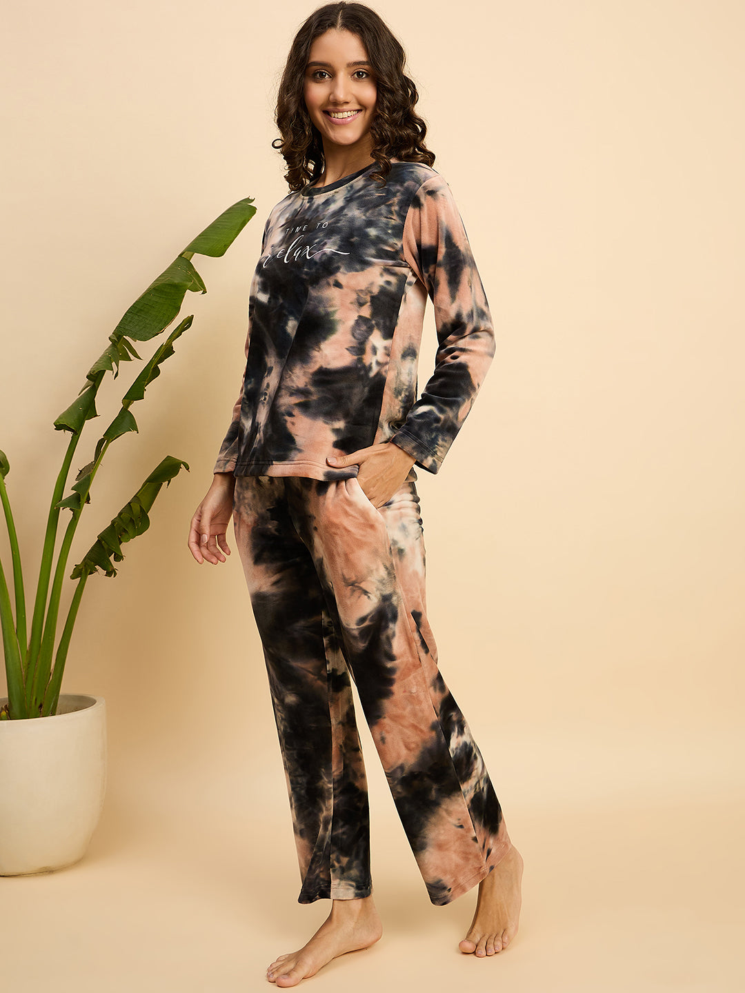 Peach & Black Tie-Dye Velour Top & Pants Lounge Set - KIZA