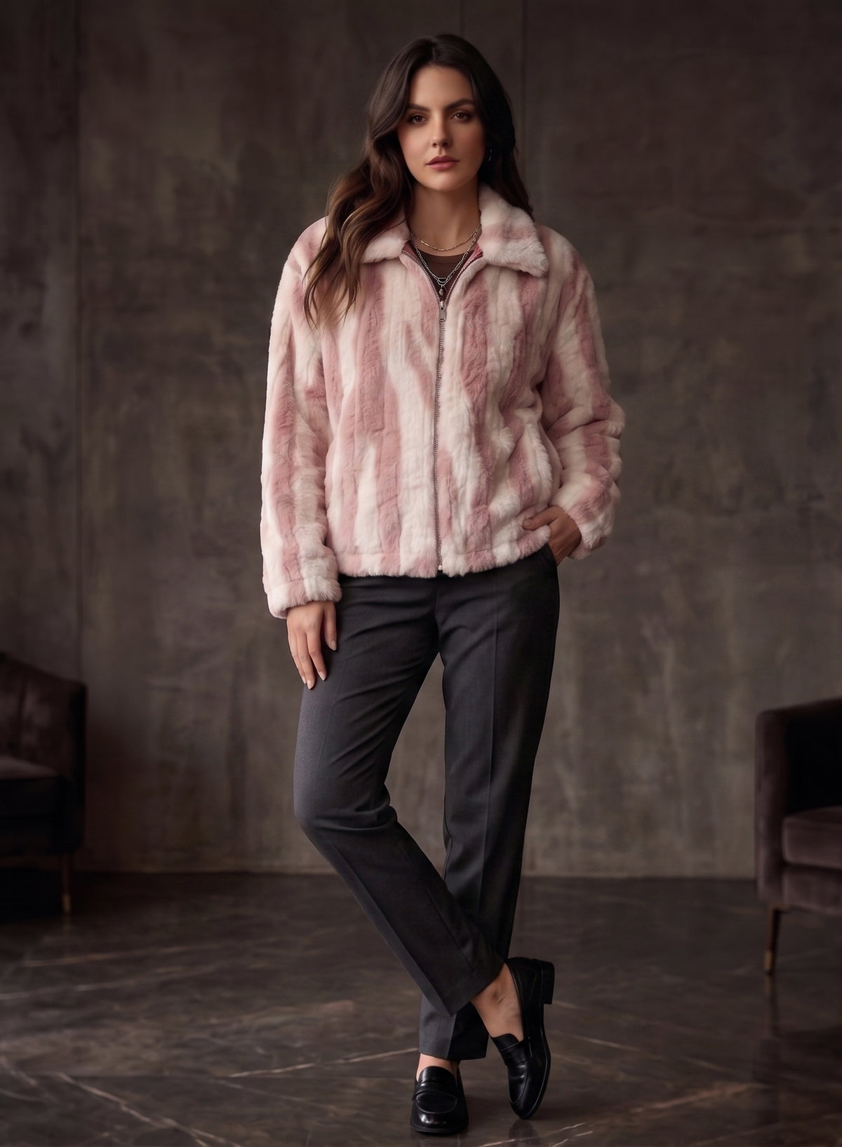 Light Pink & Cream Striped Faux-Fur Zip Jacket - KIZA