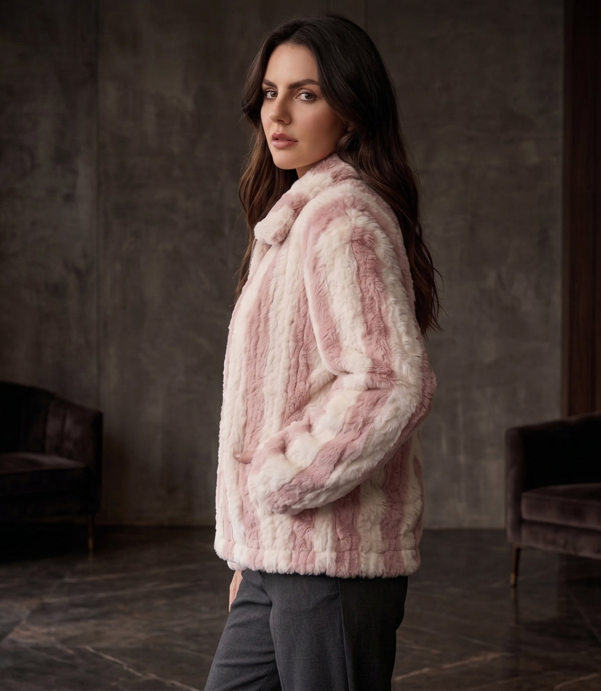 Light Pink & Cream Striped Faux-Fur Zip Jacket - KIZA