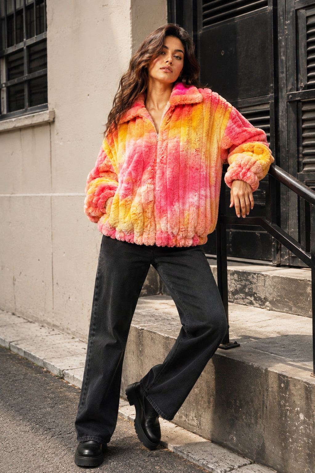 Orange Tie-Dye Faux-Fur Zip Jacket - KIZA